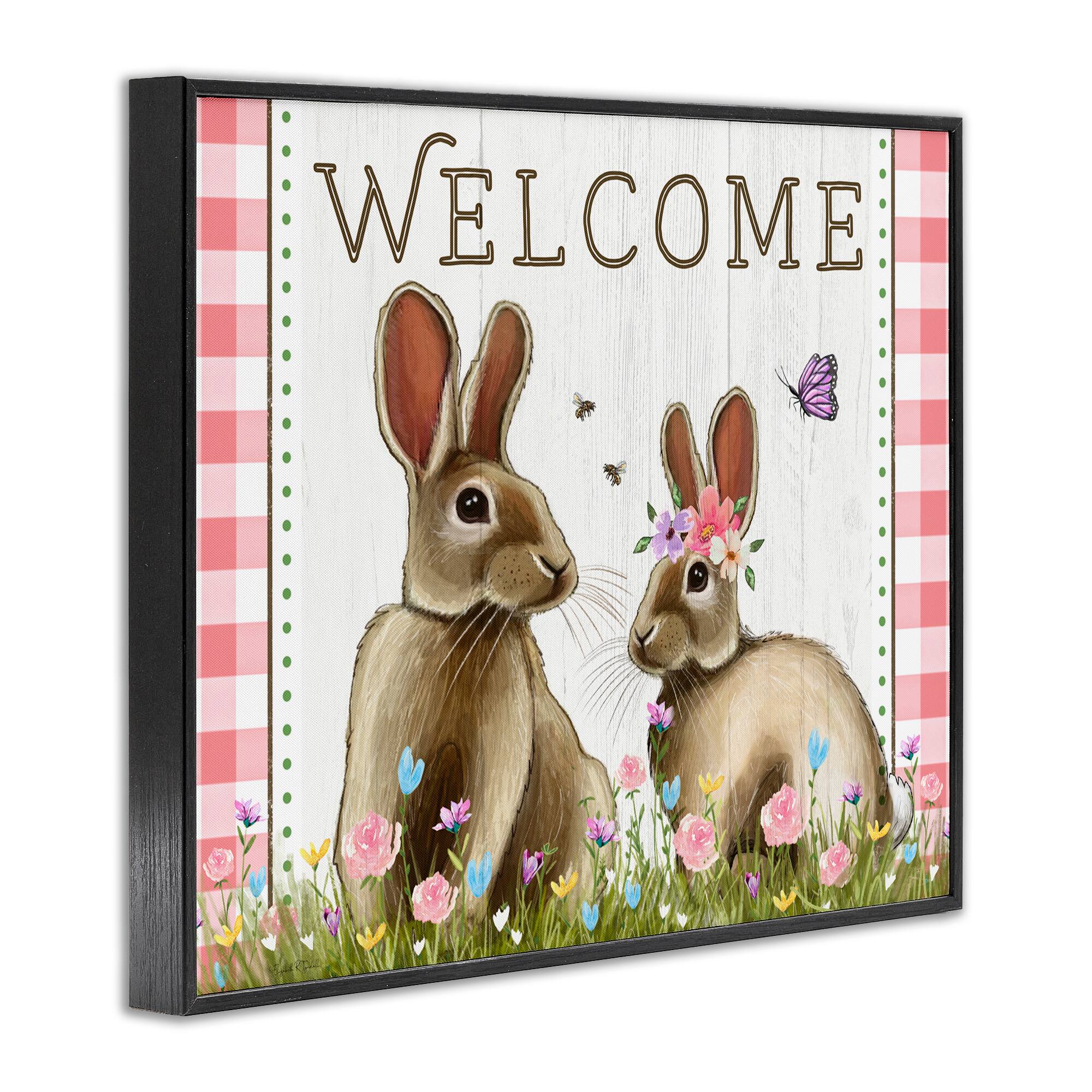 Stupell Industries Welcome Plaid Spring Garden Rabbits Framed Giclee Art