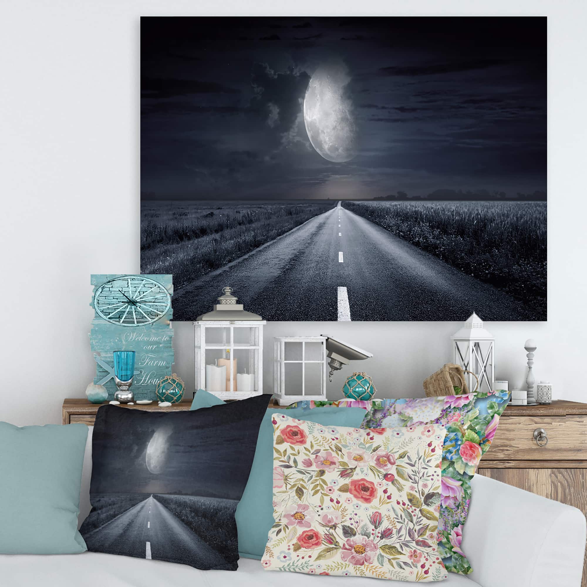 Designart - Asphalt Road Under Cloudy Full Moon III - Nautical & Coastal Canvas Wall Art Print