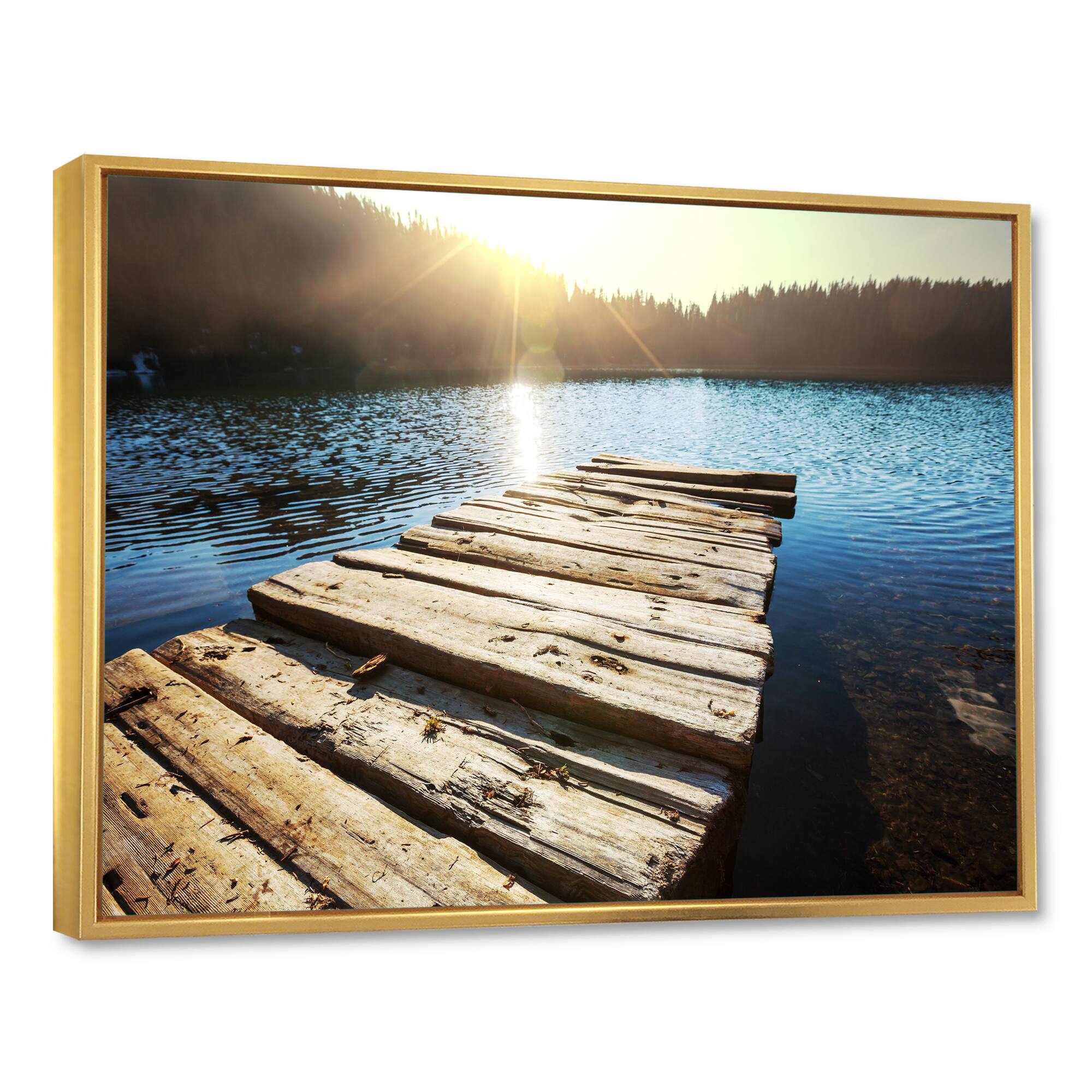 Designart - Large Wooden Pier into the Lake - Seashore Framed Canvas Art Print