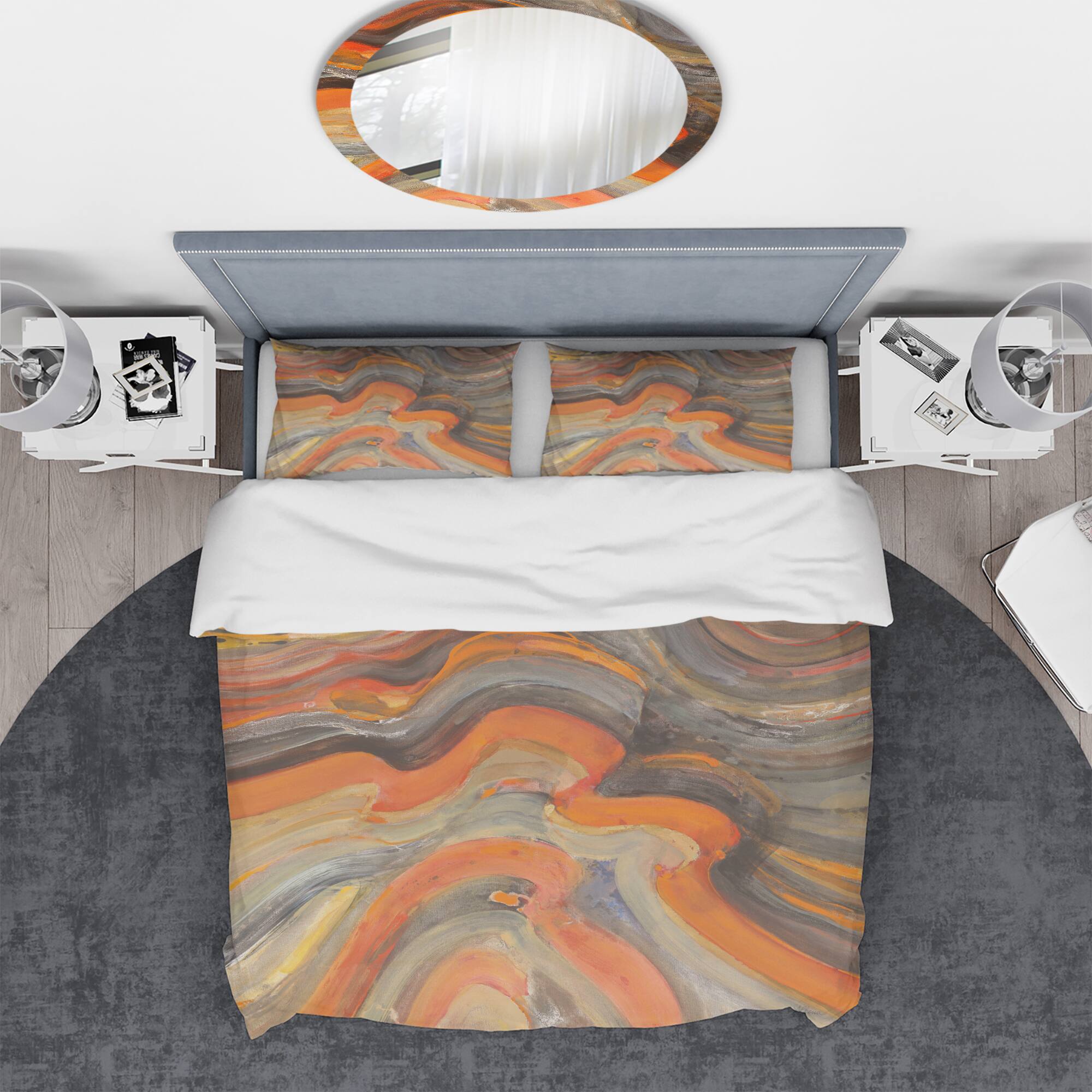Designart 'Abstract Gilded Orange Waves' Geometric Bedding Set - Duvet Cover & Shams
