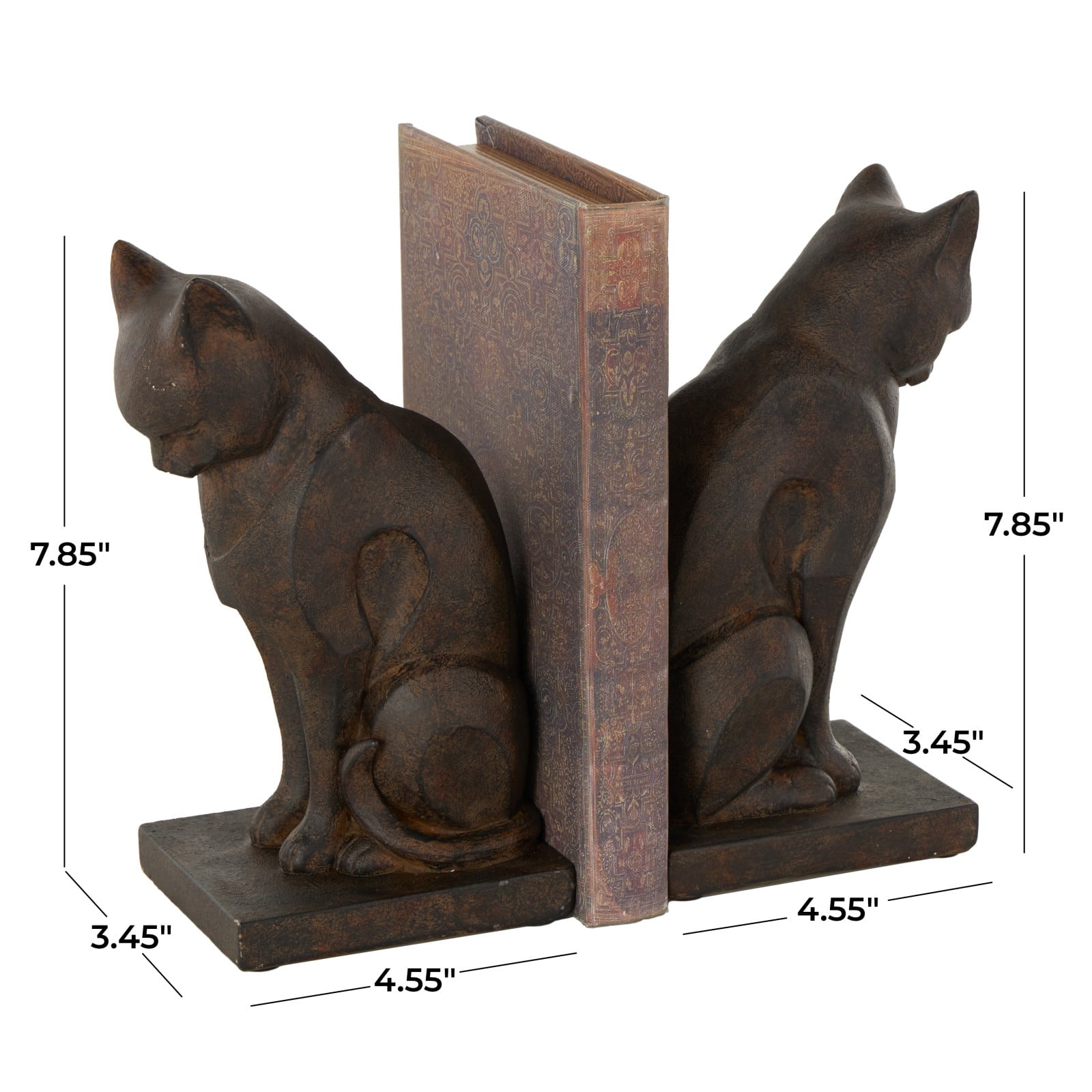 7.75" Dark Brown Cat Frowning Bookend Set with Copper Accents
