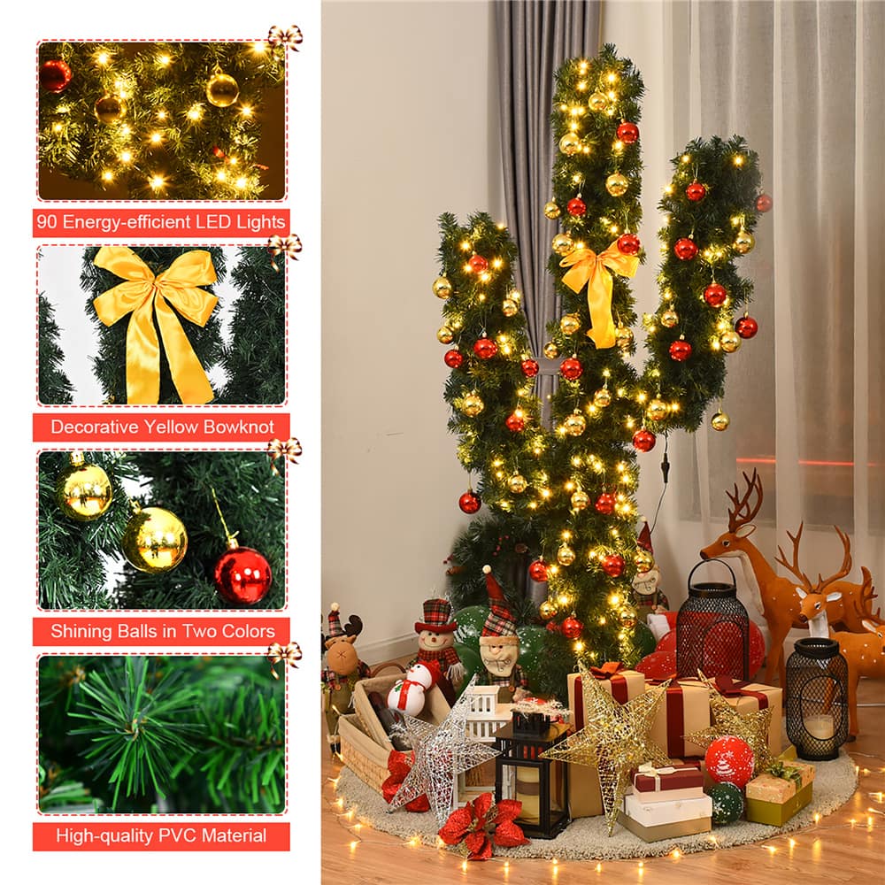 Costway 5ft. Pre-Lit Cactus Artificial Christmas Tree with Ball Ornaments, Warm White LED Lights