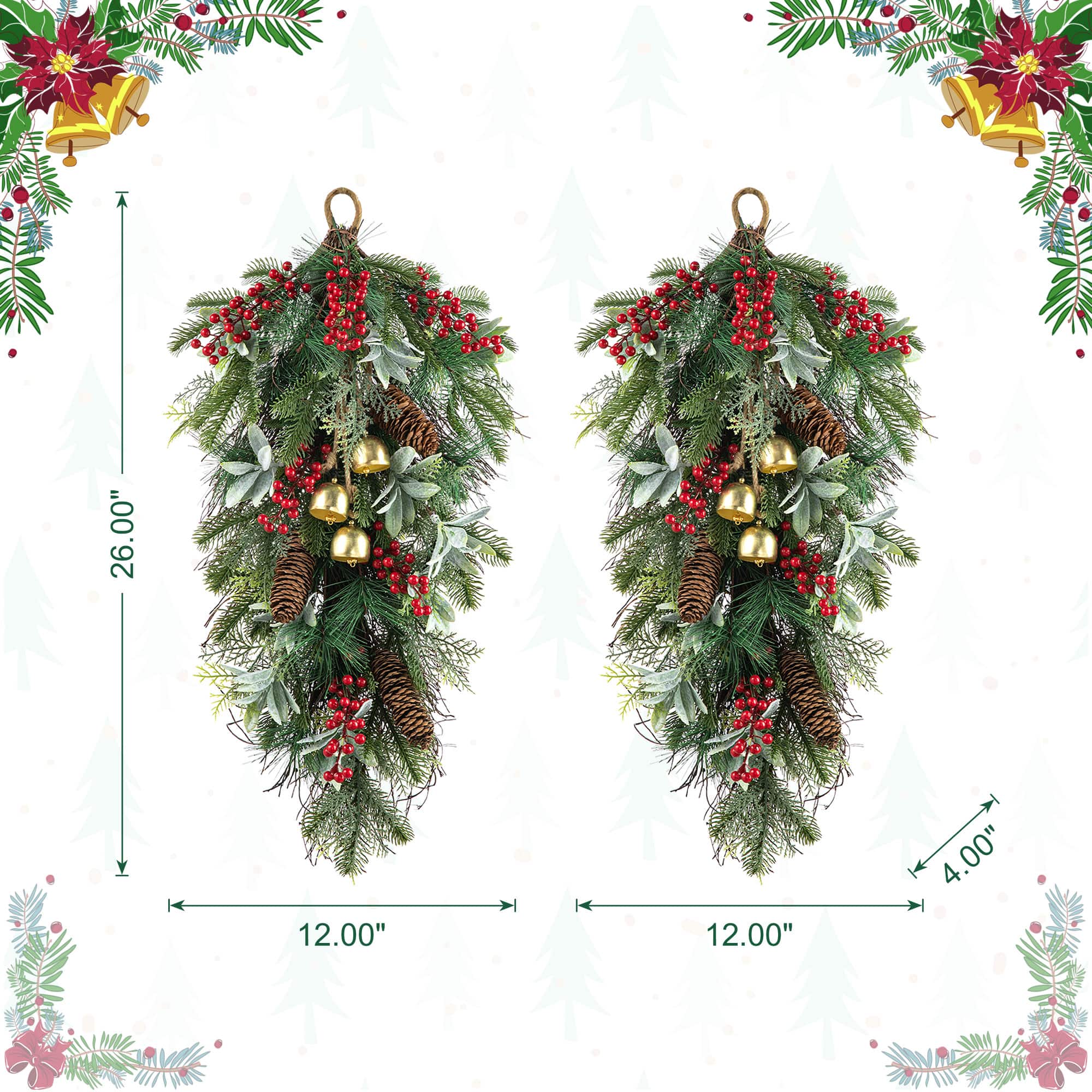 Glitzhome® 26" Christmas Berry, Pinecone and Bell Teardrop, Set of 2