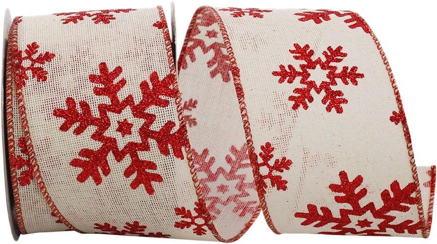 JAM Paper 2.5" x 10yd. White & Red Glitter Snowflake Christmas Fabric Ribbon