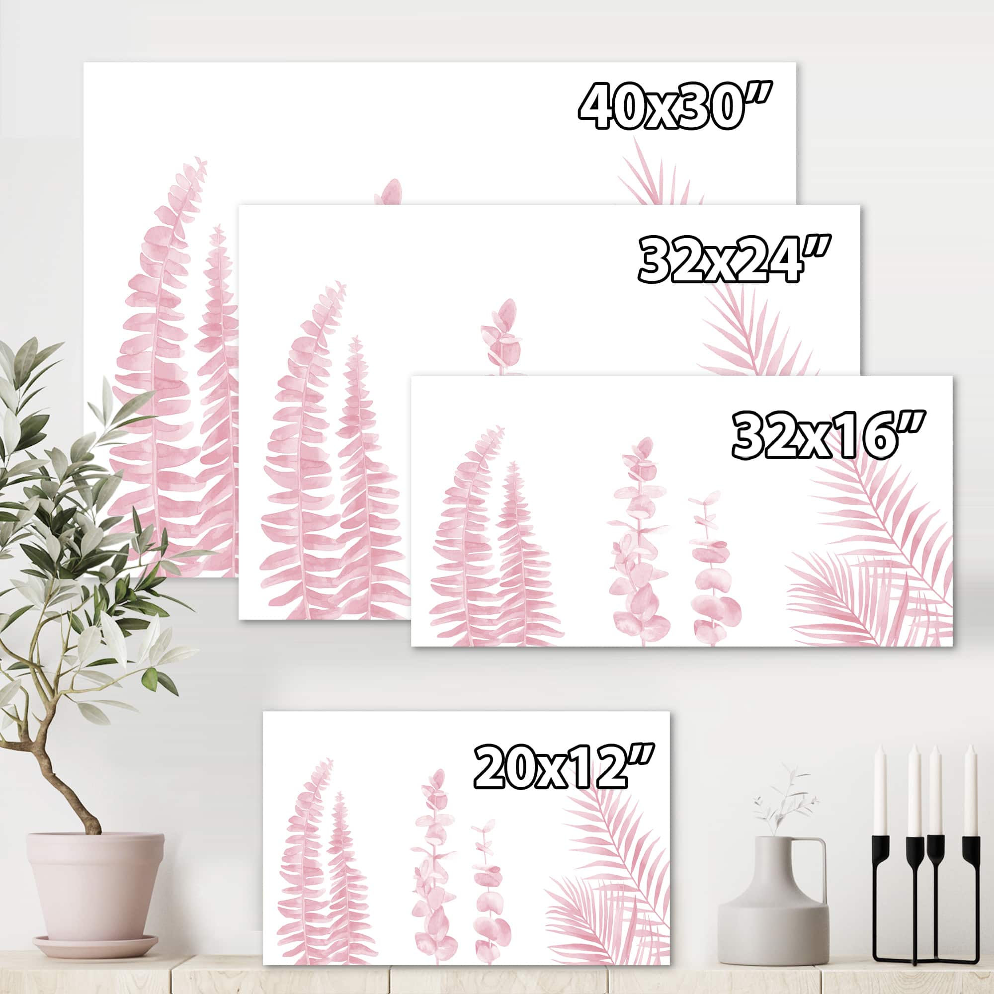 Designart - Blush Pinkeucalyptus and Palm Branches - Shabby Chic Canvas Wall Art Print