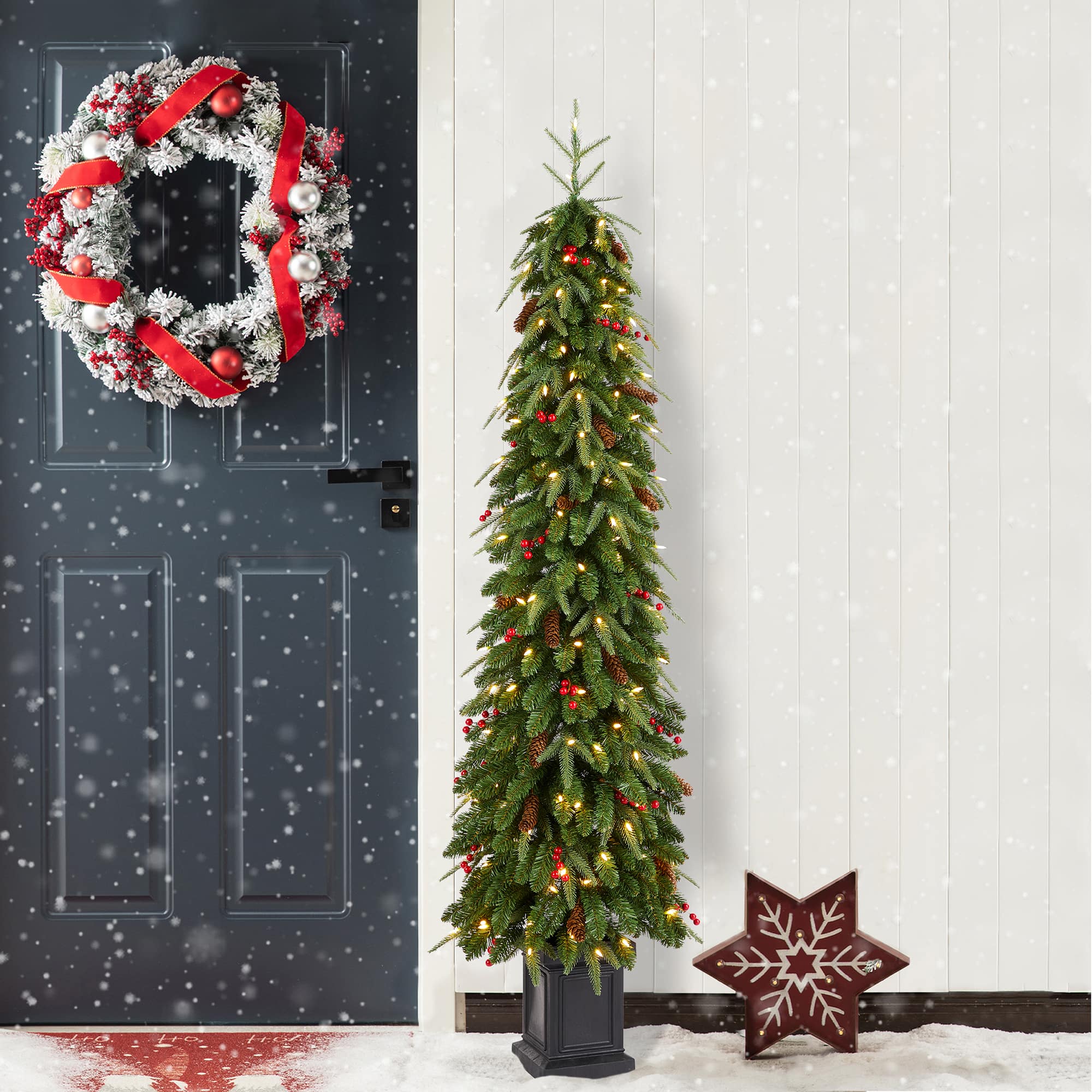 Glitzhome® 6ft Pre-lit Green Artificial Christmas Porch Tree, Warm White Lights
