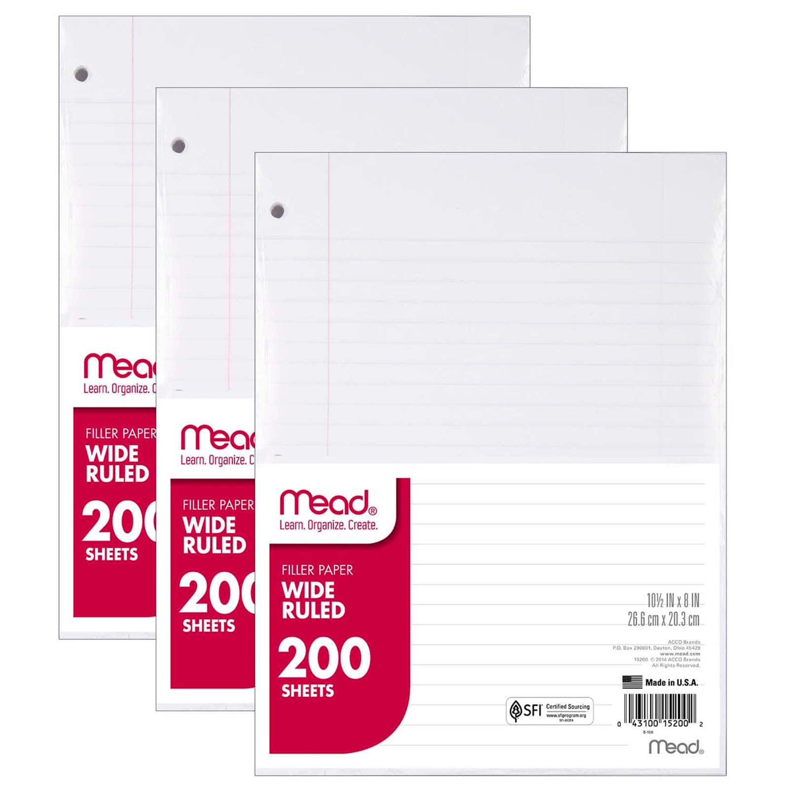 Mead® White Wide Ruled Notebook Filler Paper, 3 Pack of 200