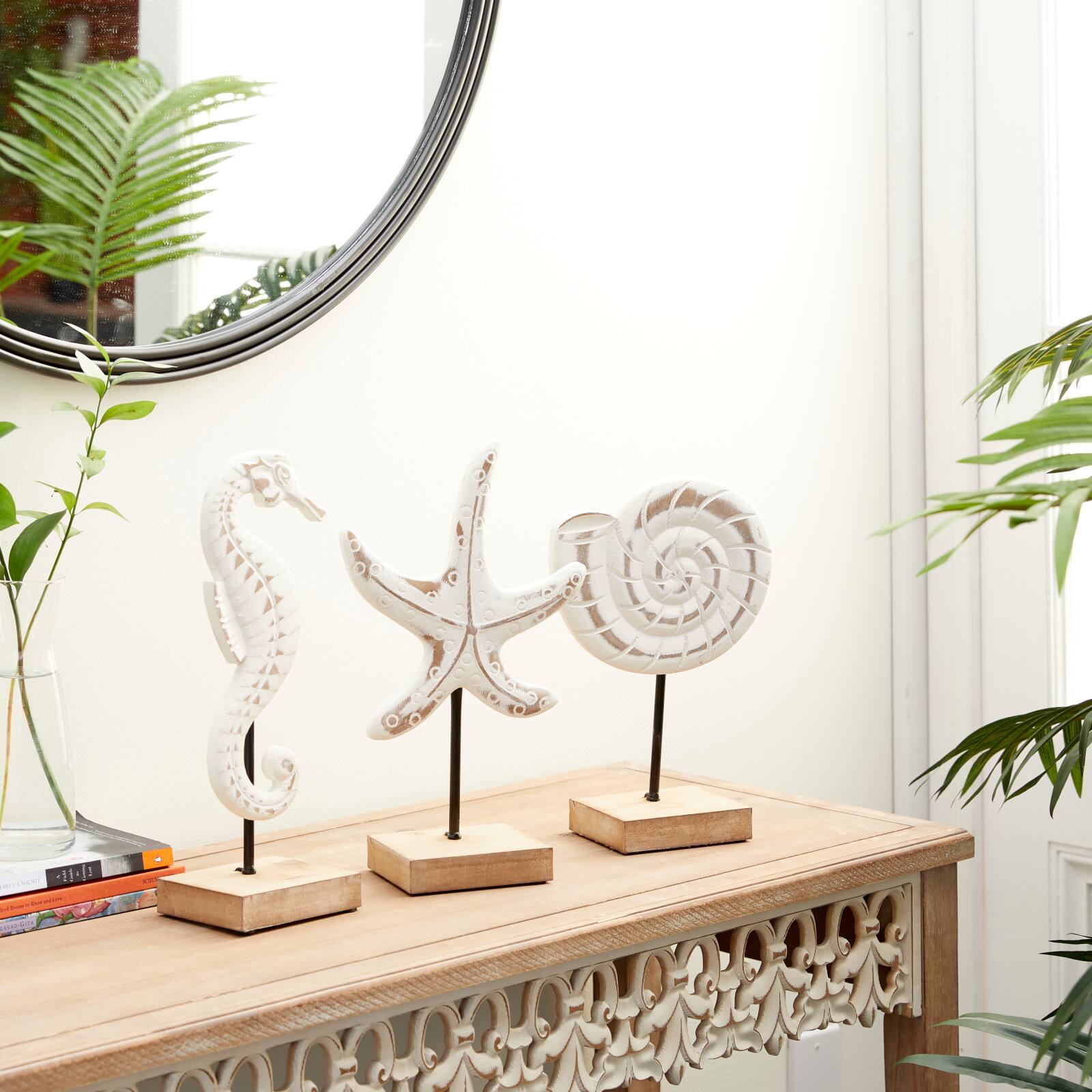 Set of 3 White Plastic Coastal Sea Animals Sculpture, 13.25", 13.25", 13"