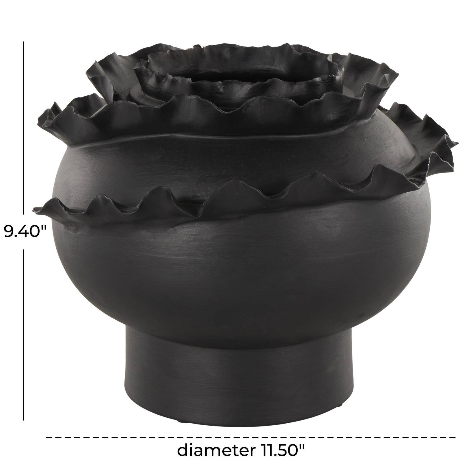 11.5" Black Wide Abstract Floral Ceramic Vase with Layered Petals