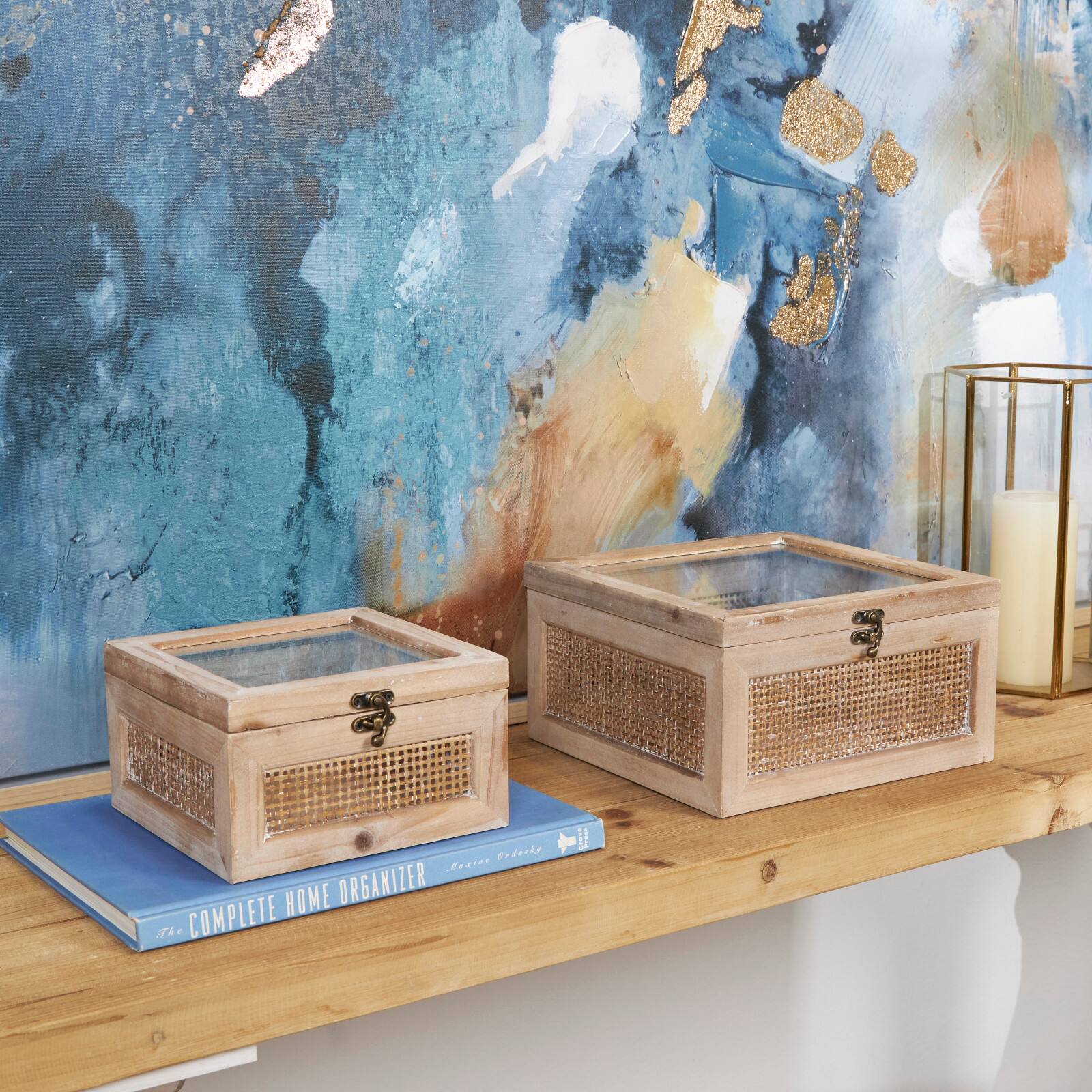 Light Brown Box with Glass Top & Rattan Side Panels Set