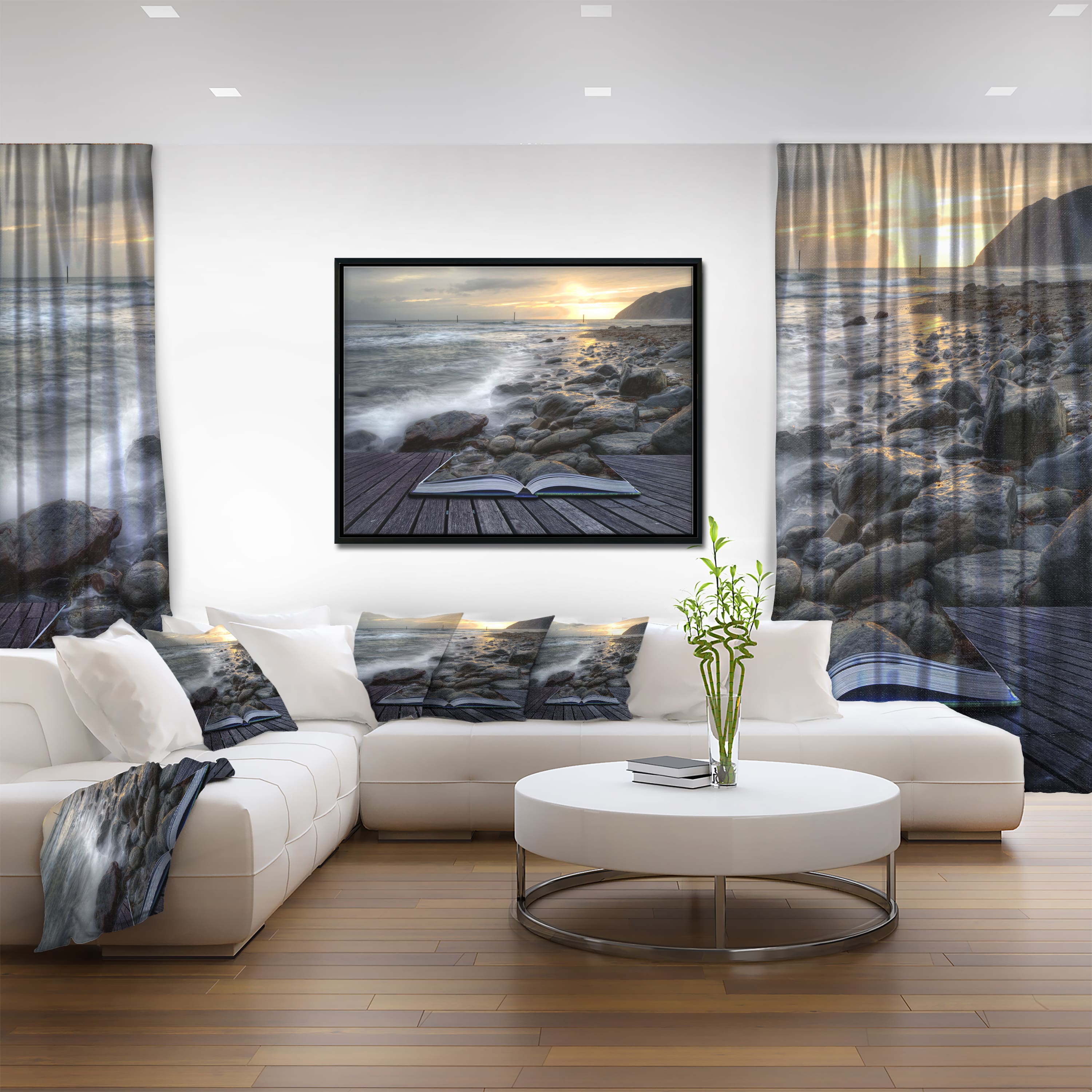 Designart - Open Book to the Evening Sea - Contemporary Canvas Art Print in Black Frame