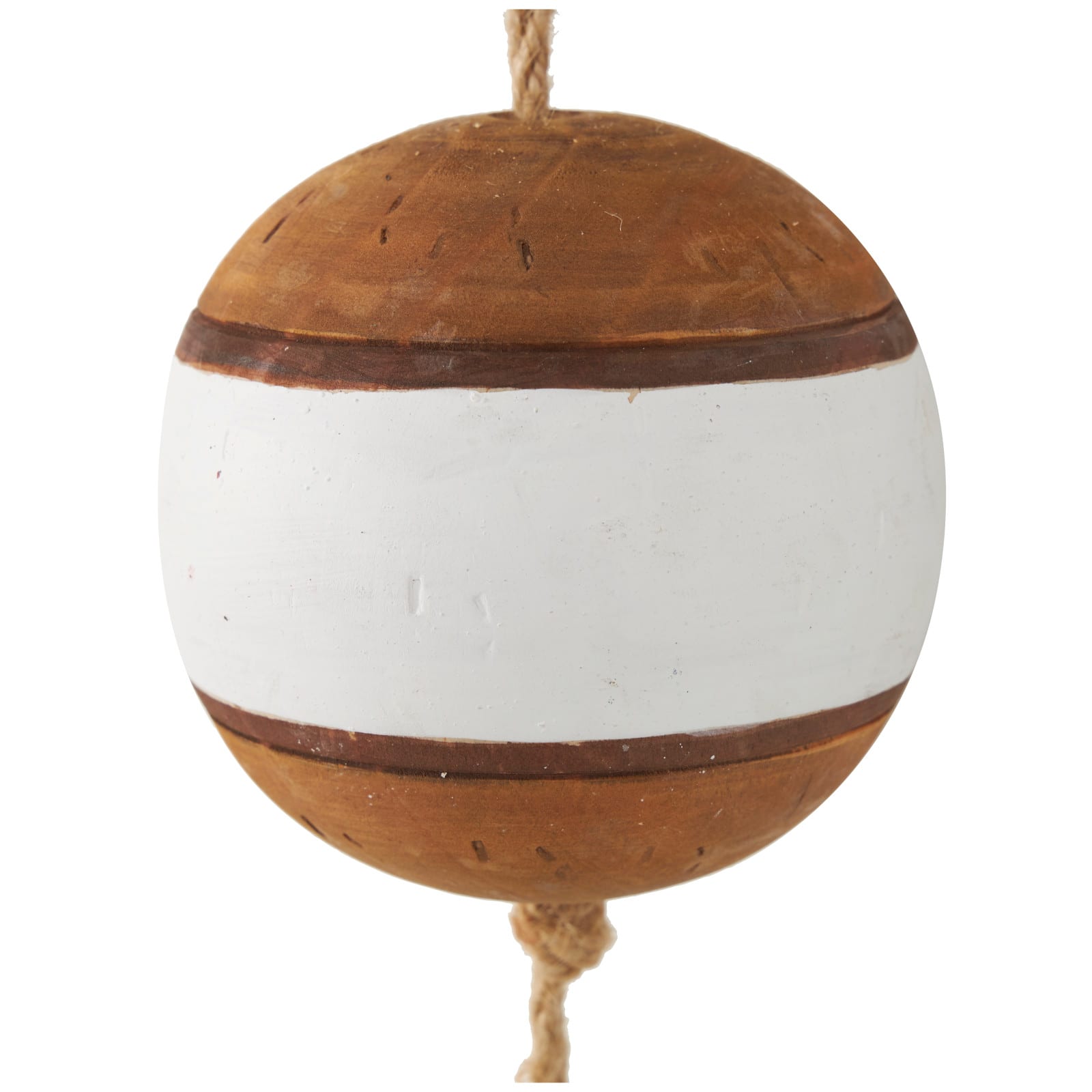 Brown Wood Buoy Two-Toned Striped Hanging Home Wall Décor with White Accents and Jute Rope