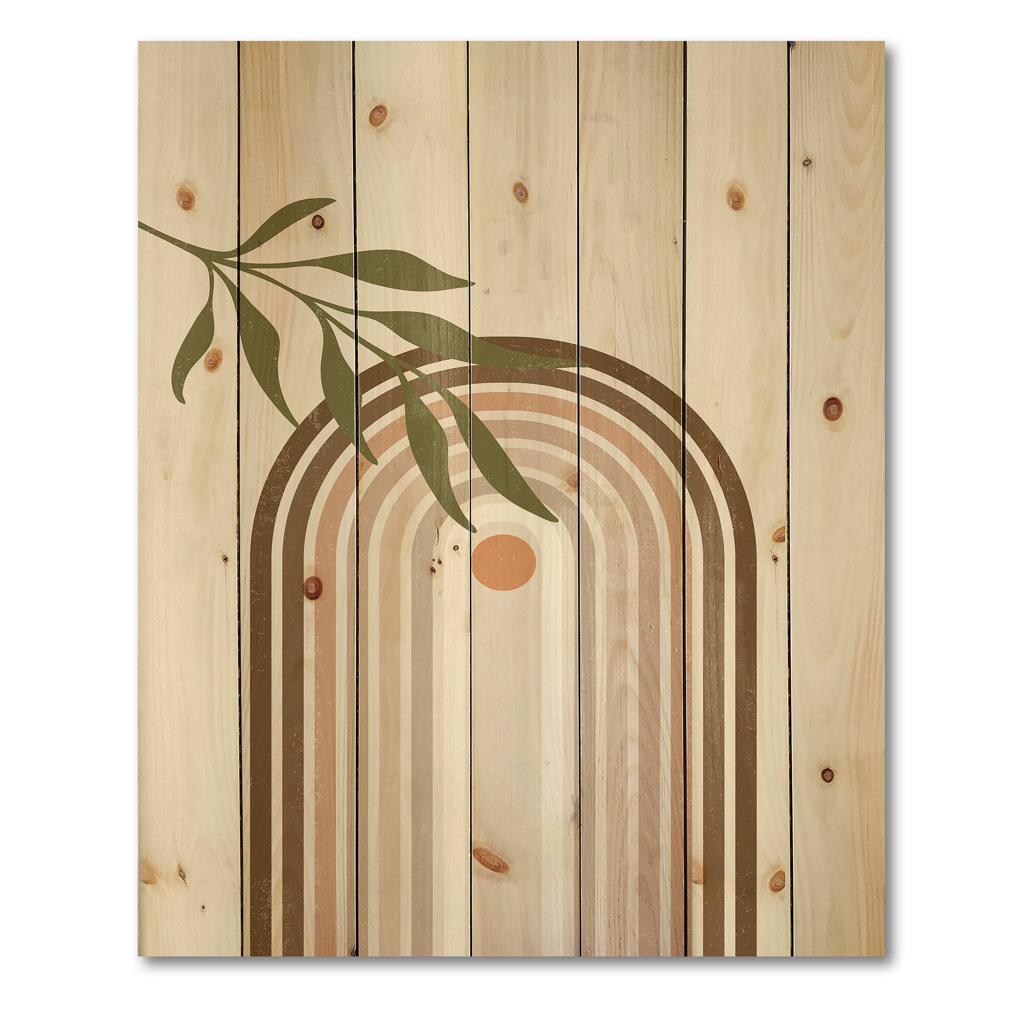 Designart - Abstract Sun and Moon With Green Leaf I - Modern Print on Natural Pine Wood