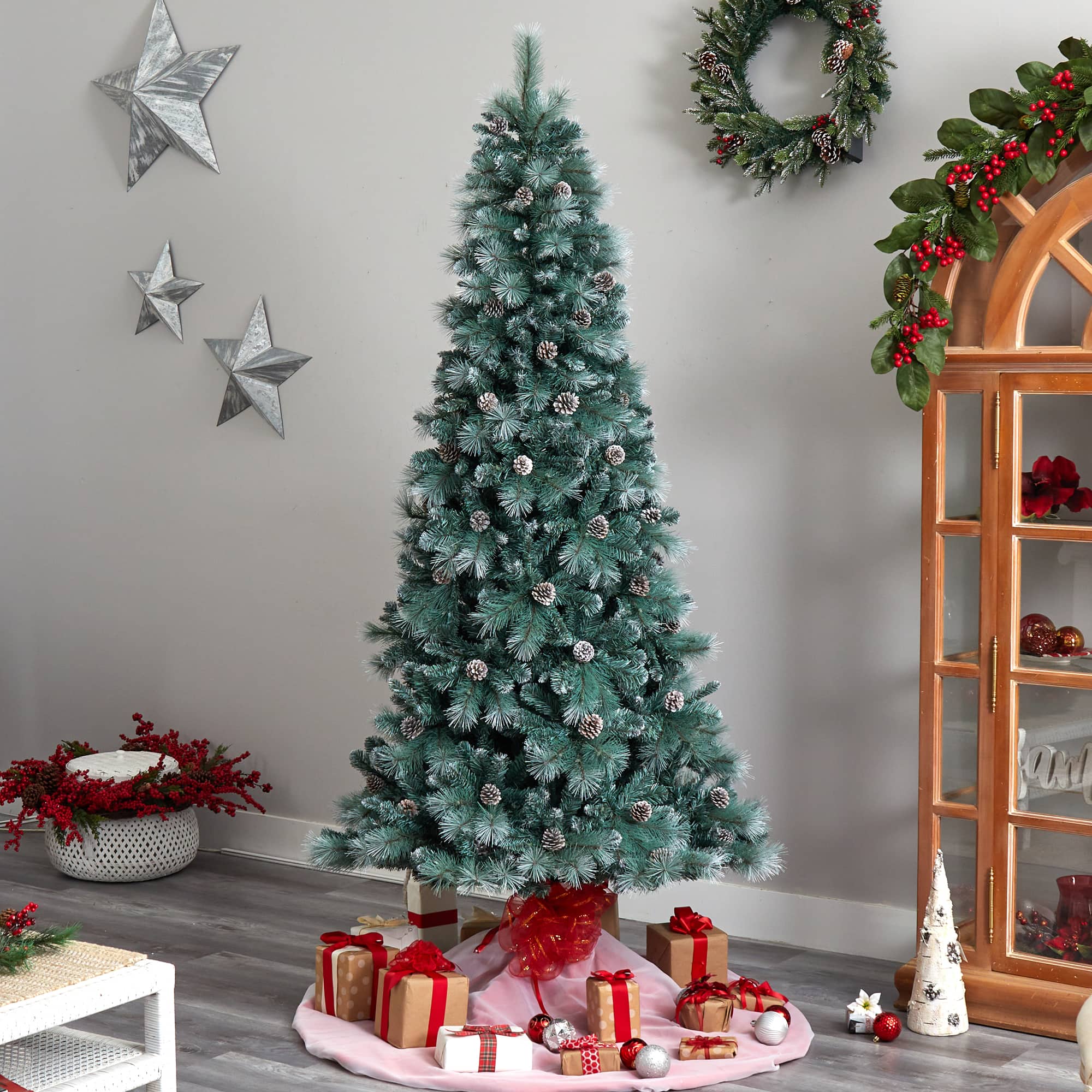 8ft. Pre-Lit Frosted British Columbia Mountain Pine Artificial Christmas Tree, Clear Lights
