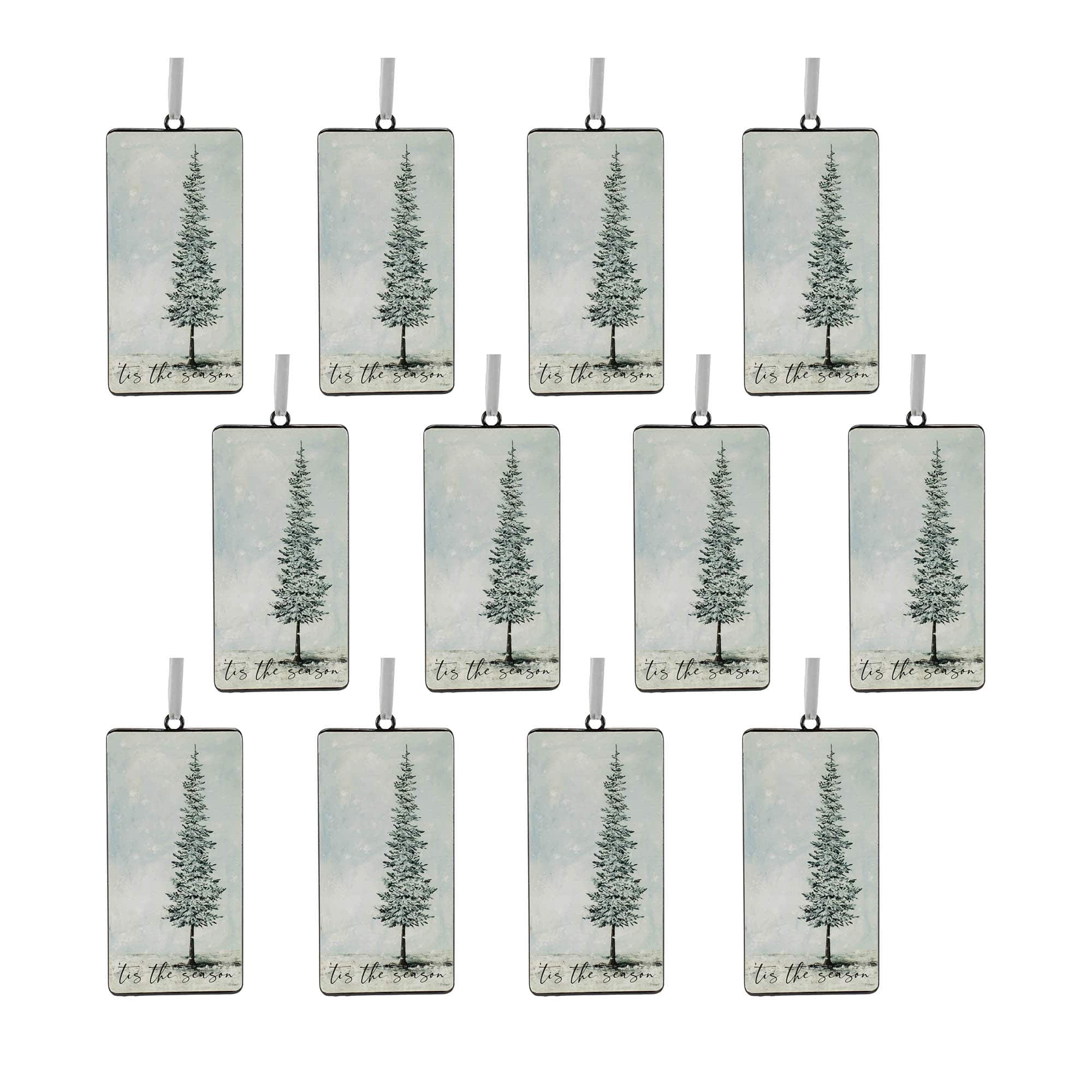 Blue & Green “Tis the Season” Pine Tree Christmas Ornaments, 12ct.