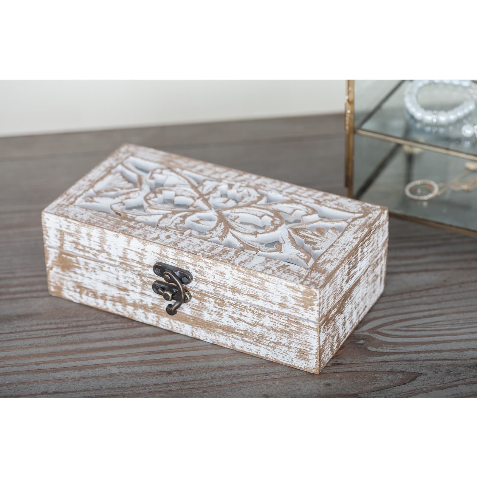 Distressed White Wooden Filigree Decorative Box Set