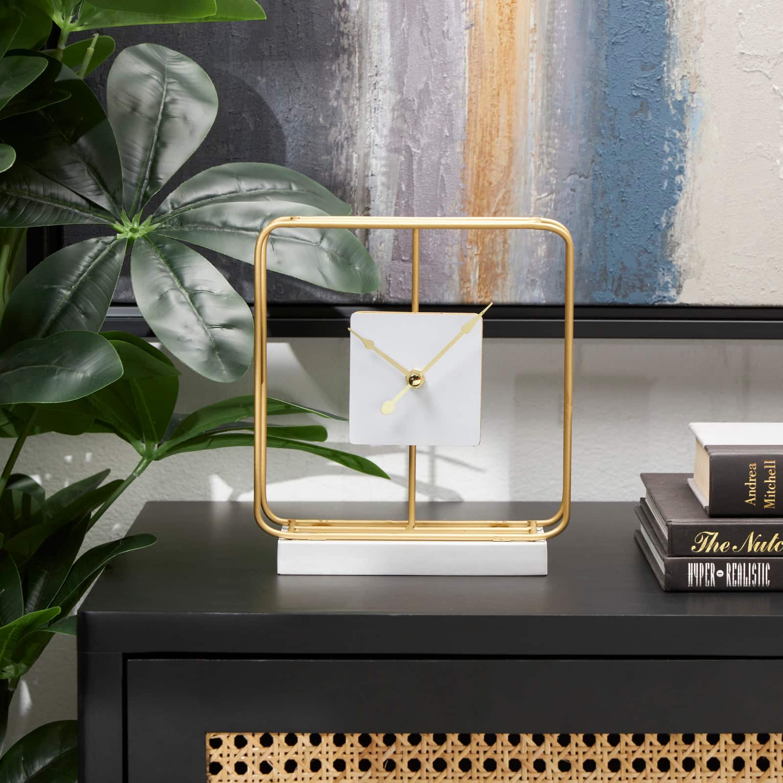 8" Gold Metal Geometric Open Frame Clock with White Clockface & Base