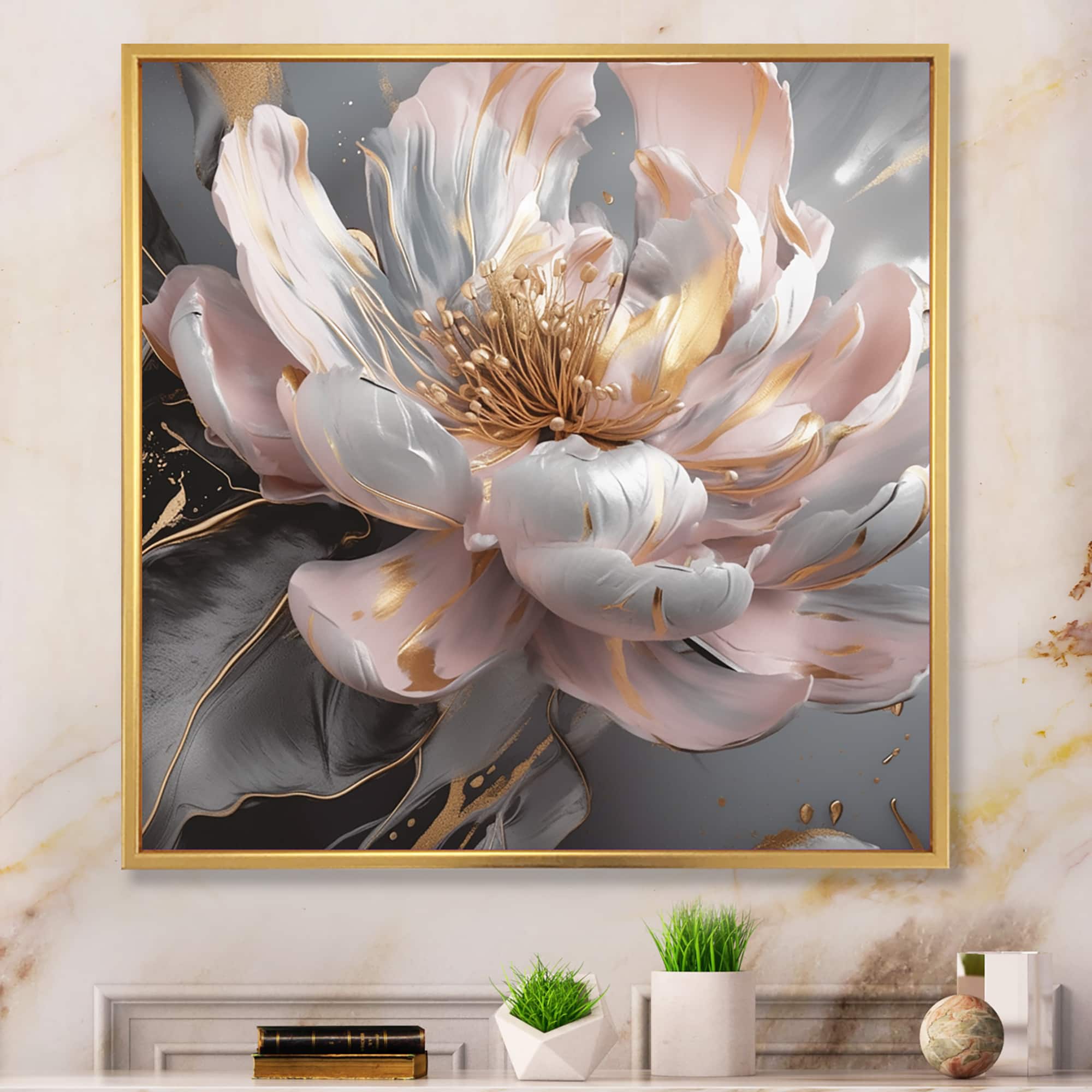 Designart "Marble Pink Gold Peony Flower Iii" Floral Peony Framed Canvas Print