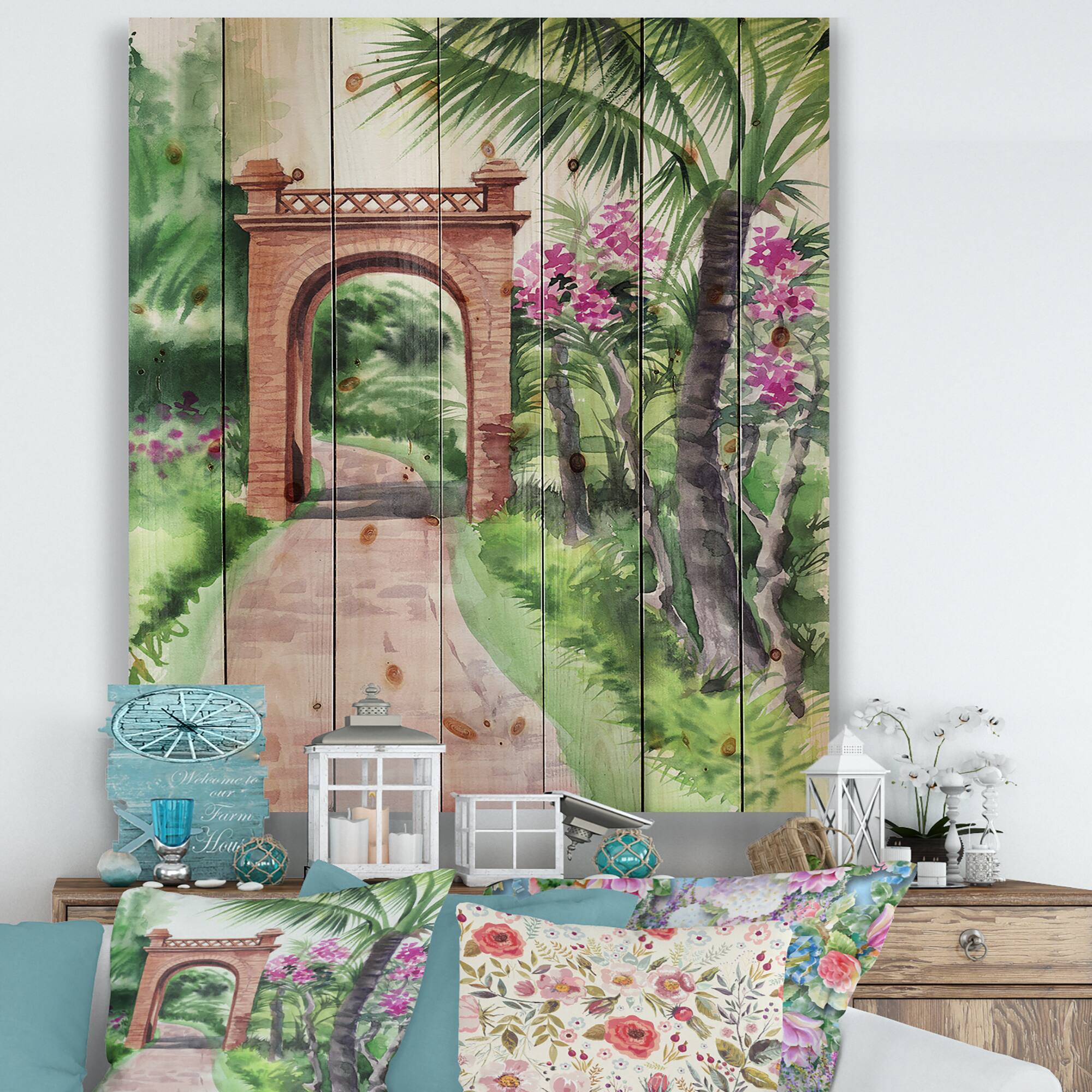Designart - Traditional Gate In Tropical Oasis - Tropical Print on Natural Pine Wood