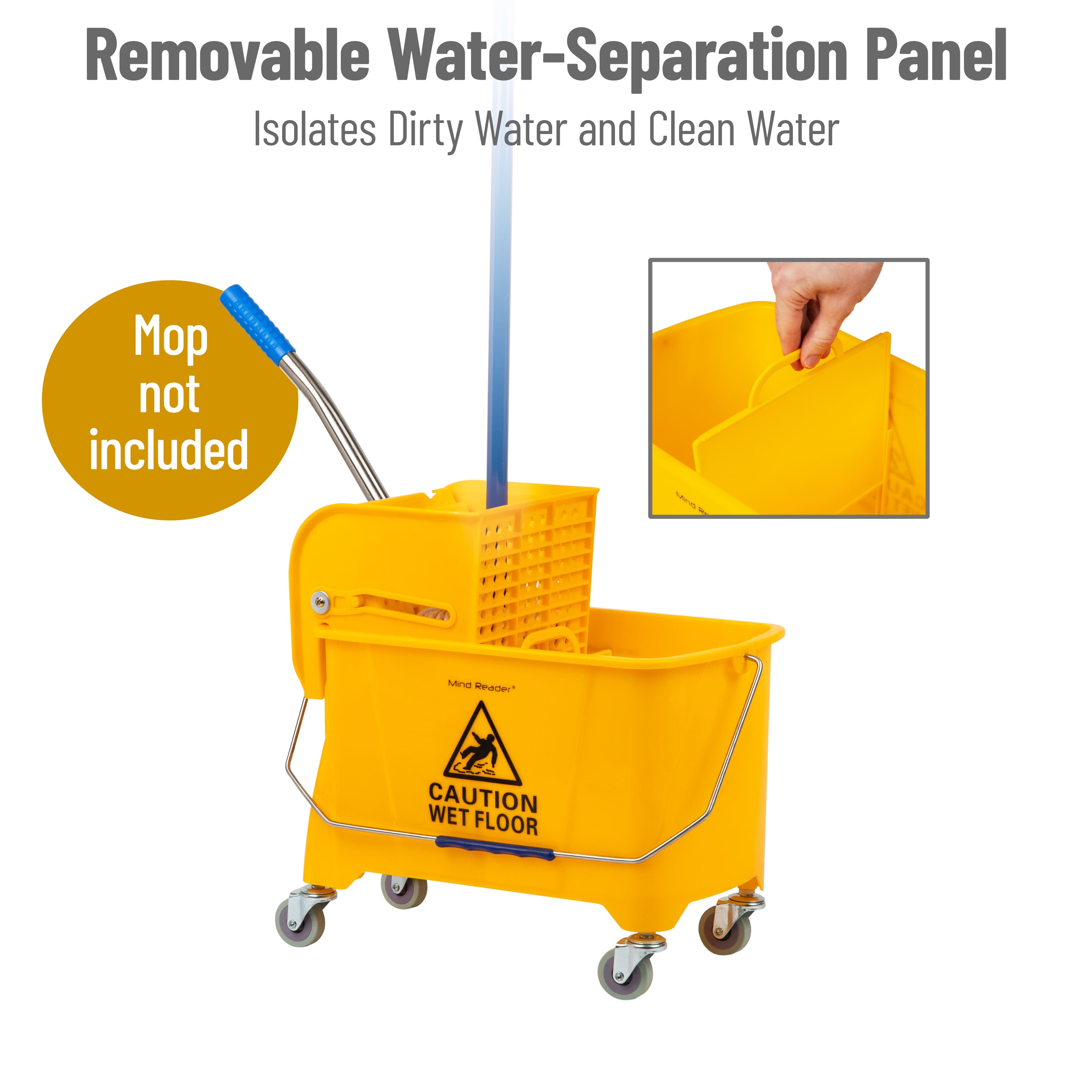 Mind Reader Mop Bucket with Wringer, 5.5 Gallon Upward Press, Plastic Cleaning Bucket with Handle and Wheels, Yellow
