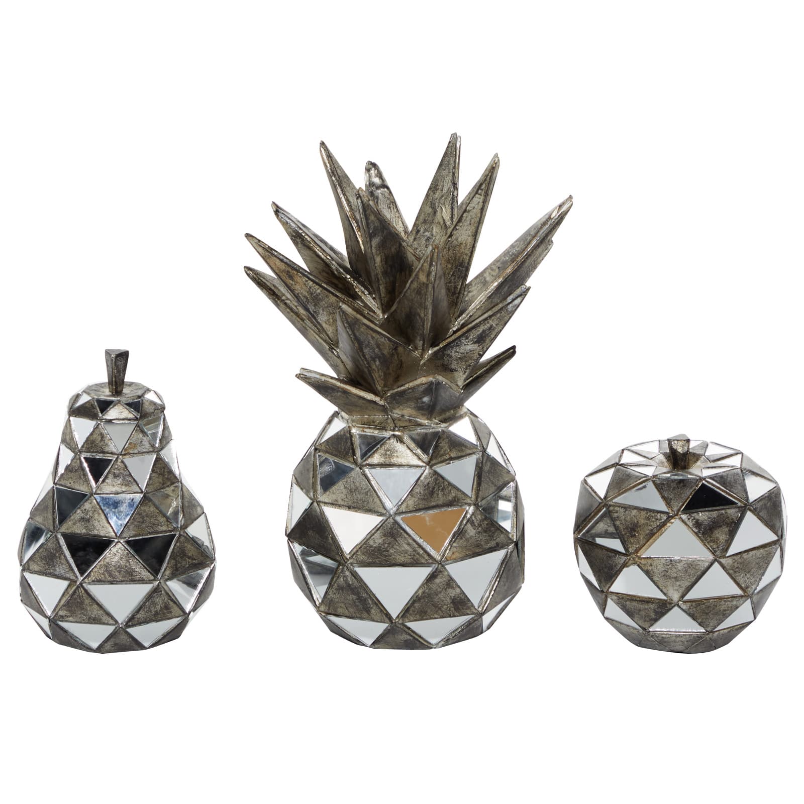 Set of 3 Silver Polystone Contemporary Fruit Sculpture, 4.5", 6.25", 10.5"