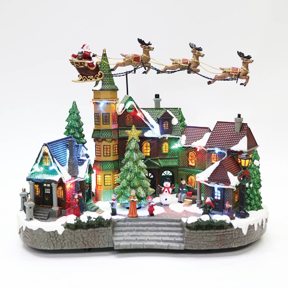 Moments in Time 12.8" Animated Santa Riding Sleigh Flying Over Town Center Décor