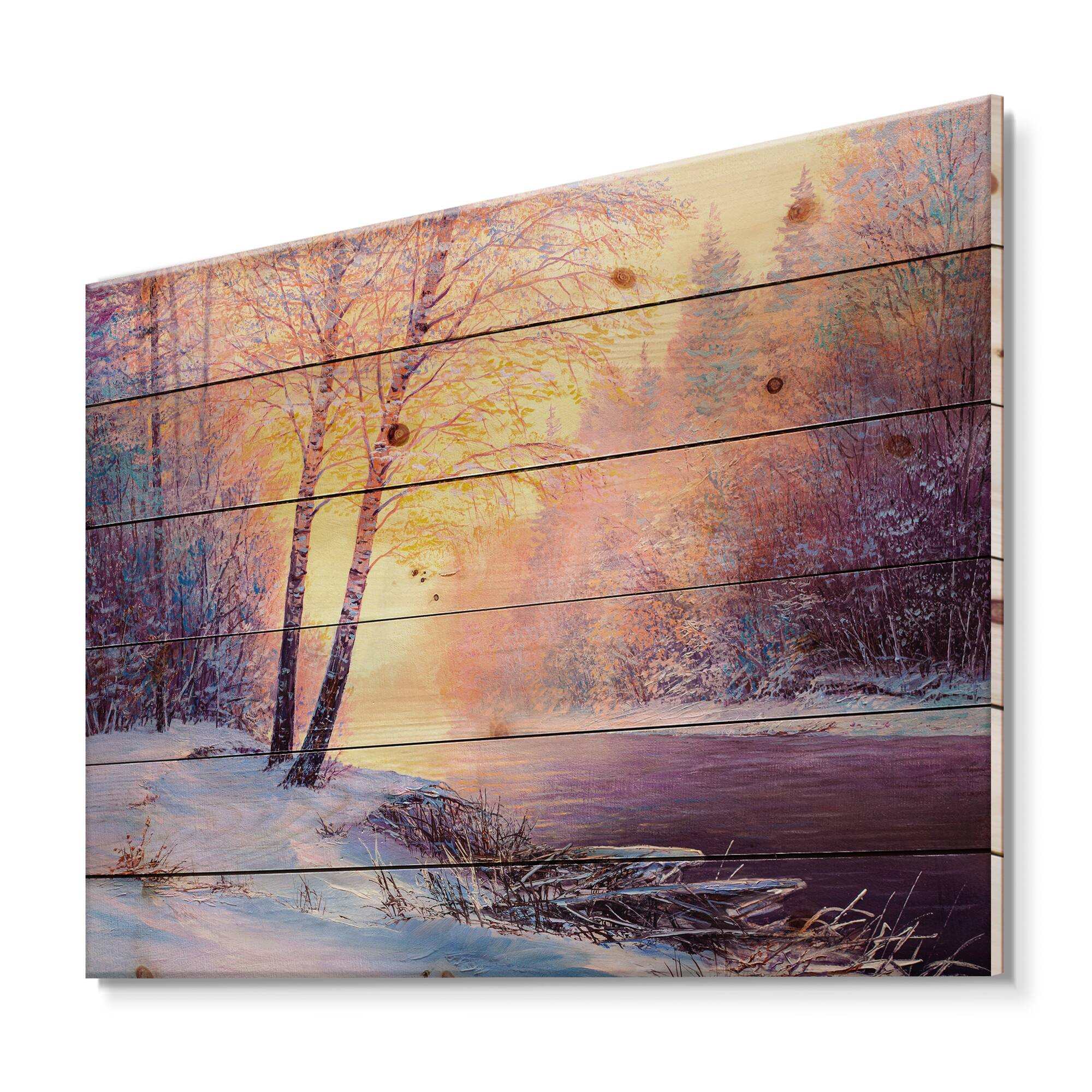 Designart - Winter Scenery With Bridge Of Meandering River II - Lake House Print on Natural Pine Wood