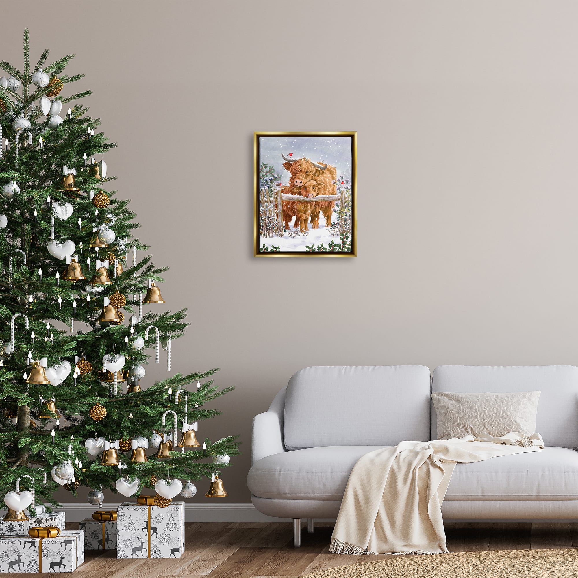 Stupell Industries Winter Cattle Cuddling Snow Scene Framed Floater Canvas Wall Art