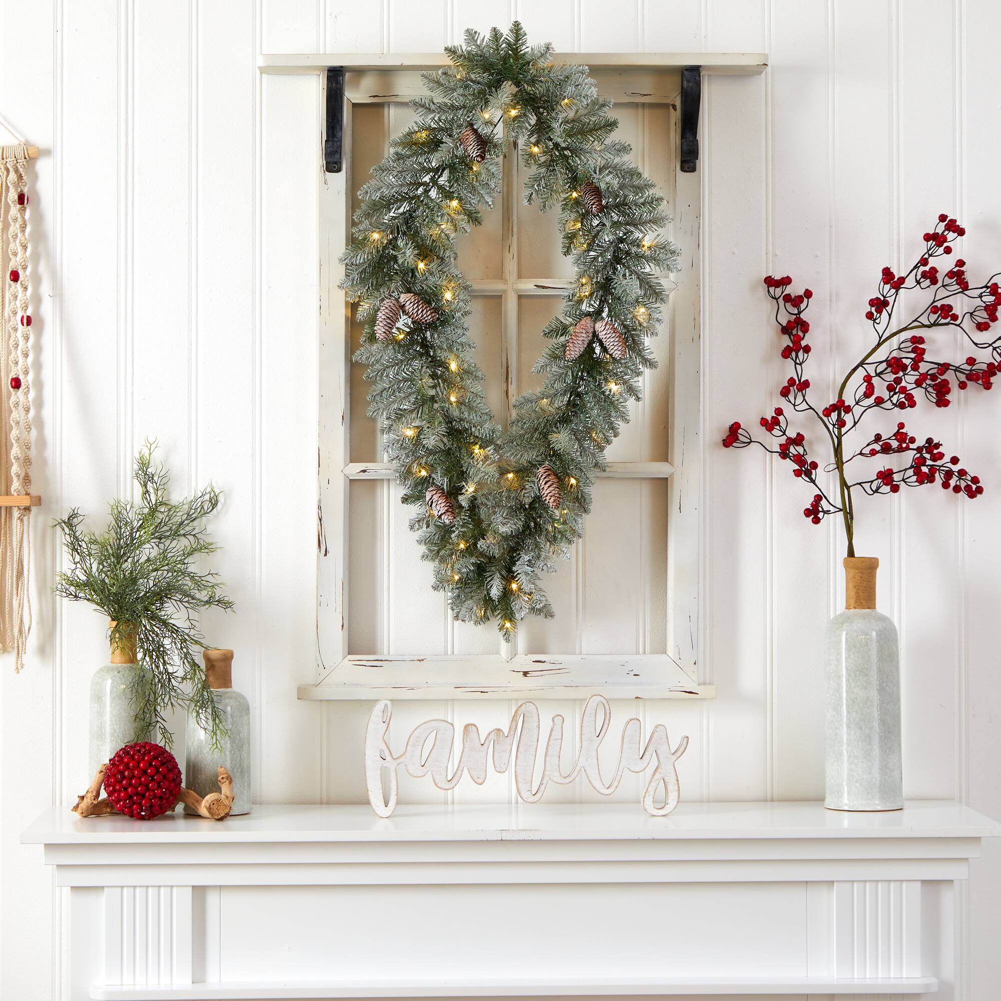 3ft. White LED Lights Geometric Diamond Christmas Frosted Wreath With Pinecones