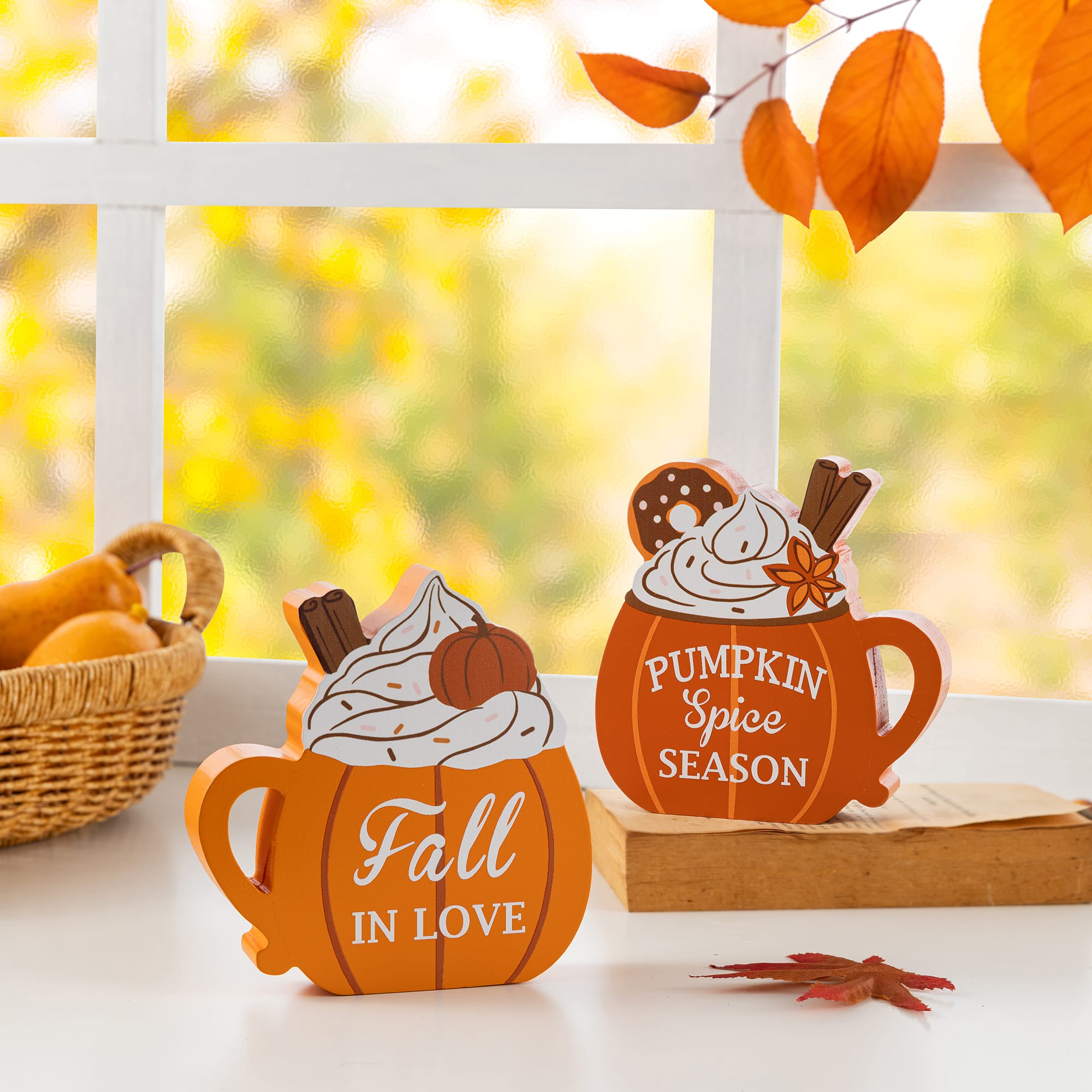 Glitzhome® Set of 2 Fall Wood Pumpkin Coffee Mug Table Decor