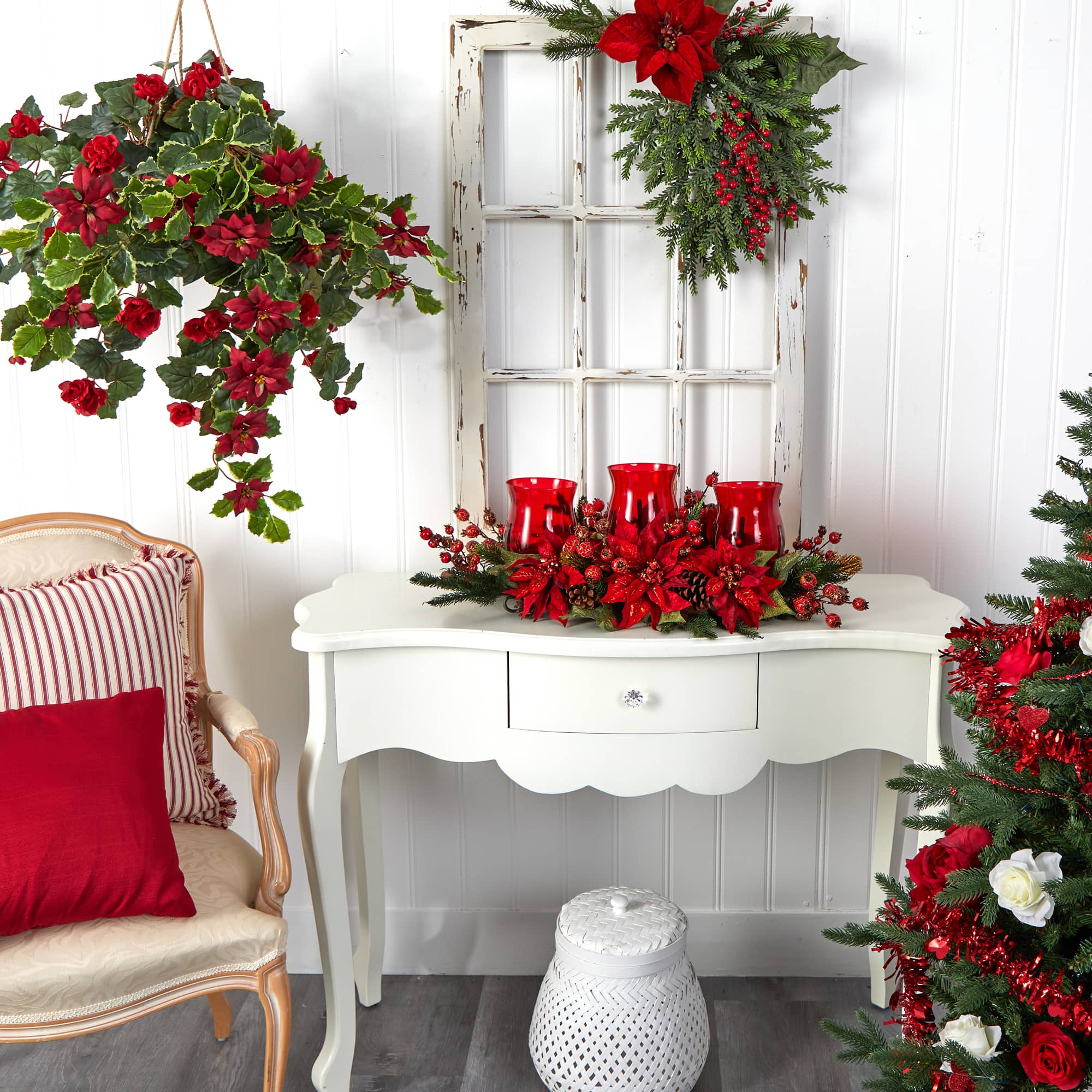 Poinsettia & Berry Triple Candelabrum Artificial Arrangement