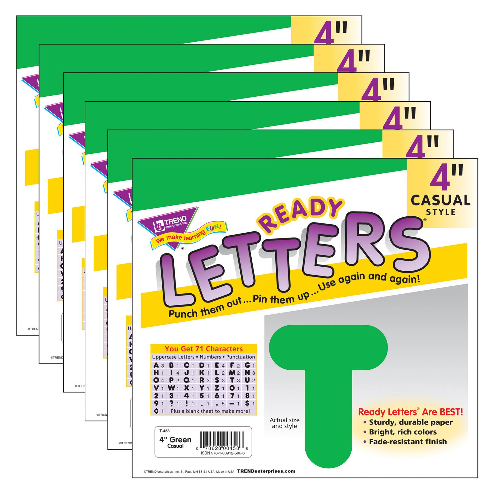 TREND Enterprises® Green 4" Casual Uppercase Ready Letters®, 6 Packs