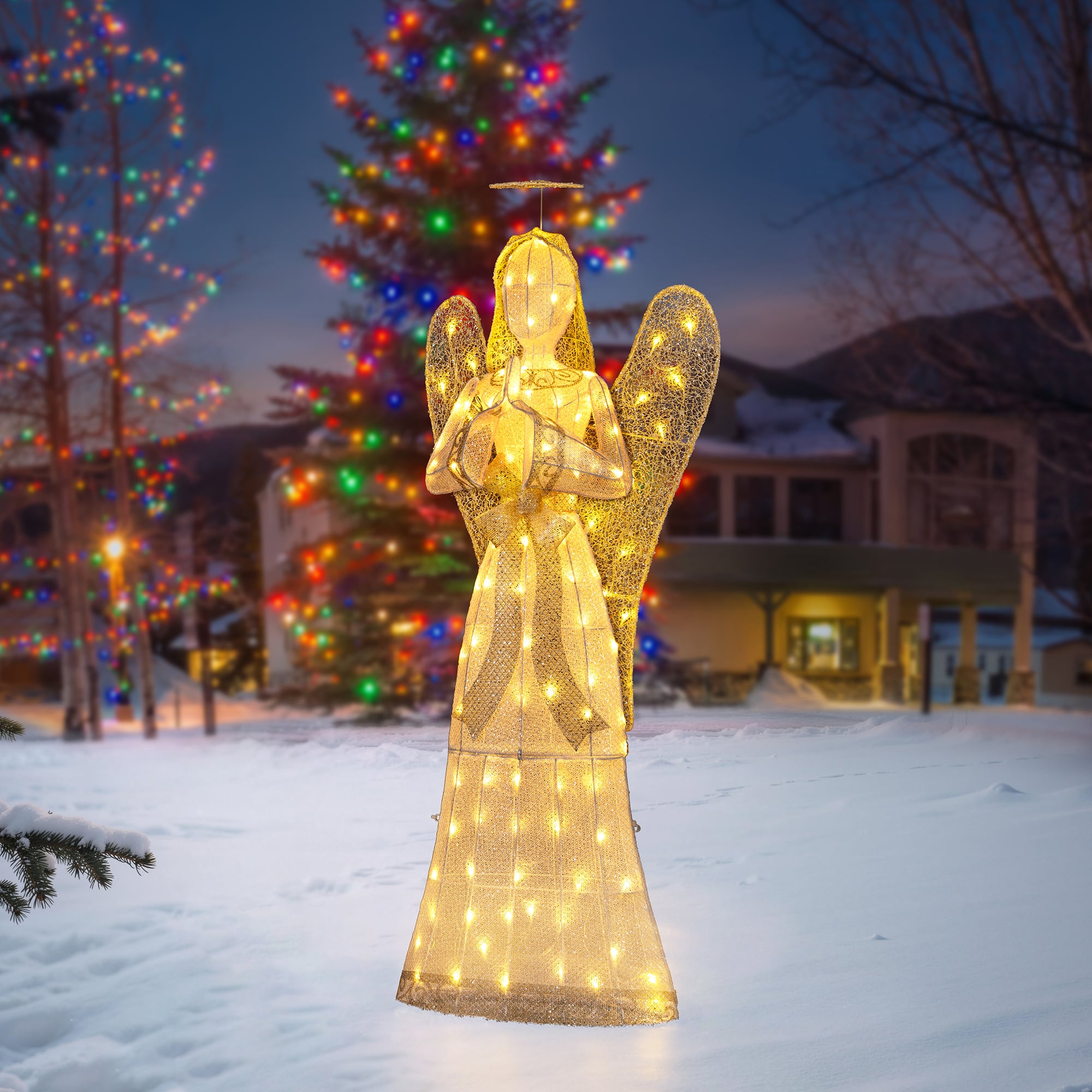 Glitzhome® 63" Christmas 3D Glittered Fabric Angel with 120 Warm White LED Lights
