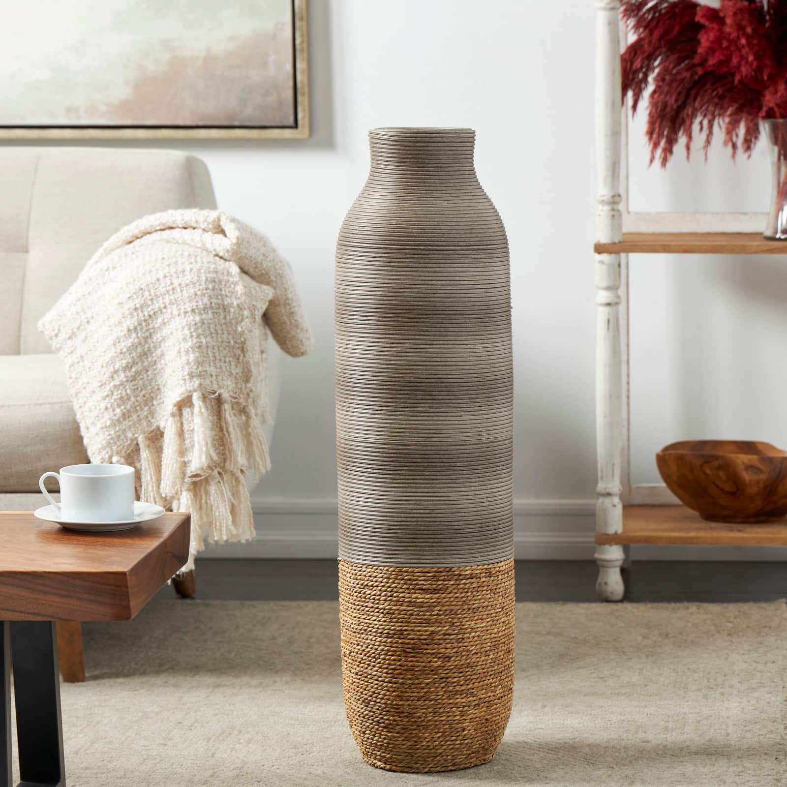32" Brown Seagrass  Handmade Ribbed Vase with Coiled Seagrass Base