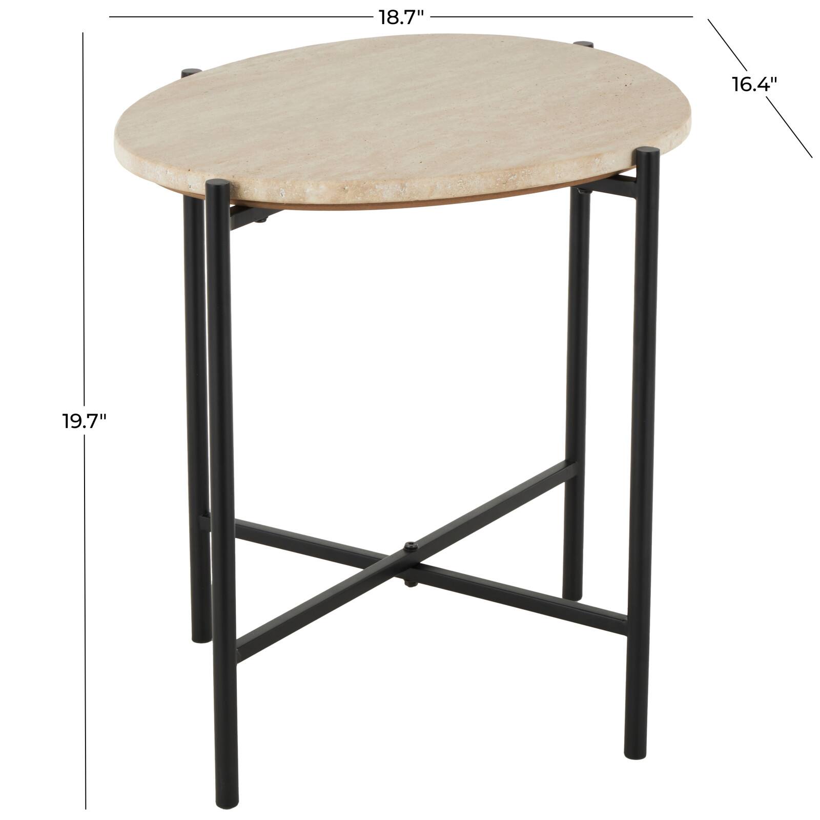19.75" Beige Marble Accent Table with Black Metal Support