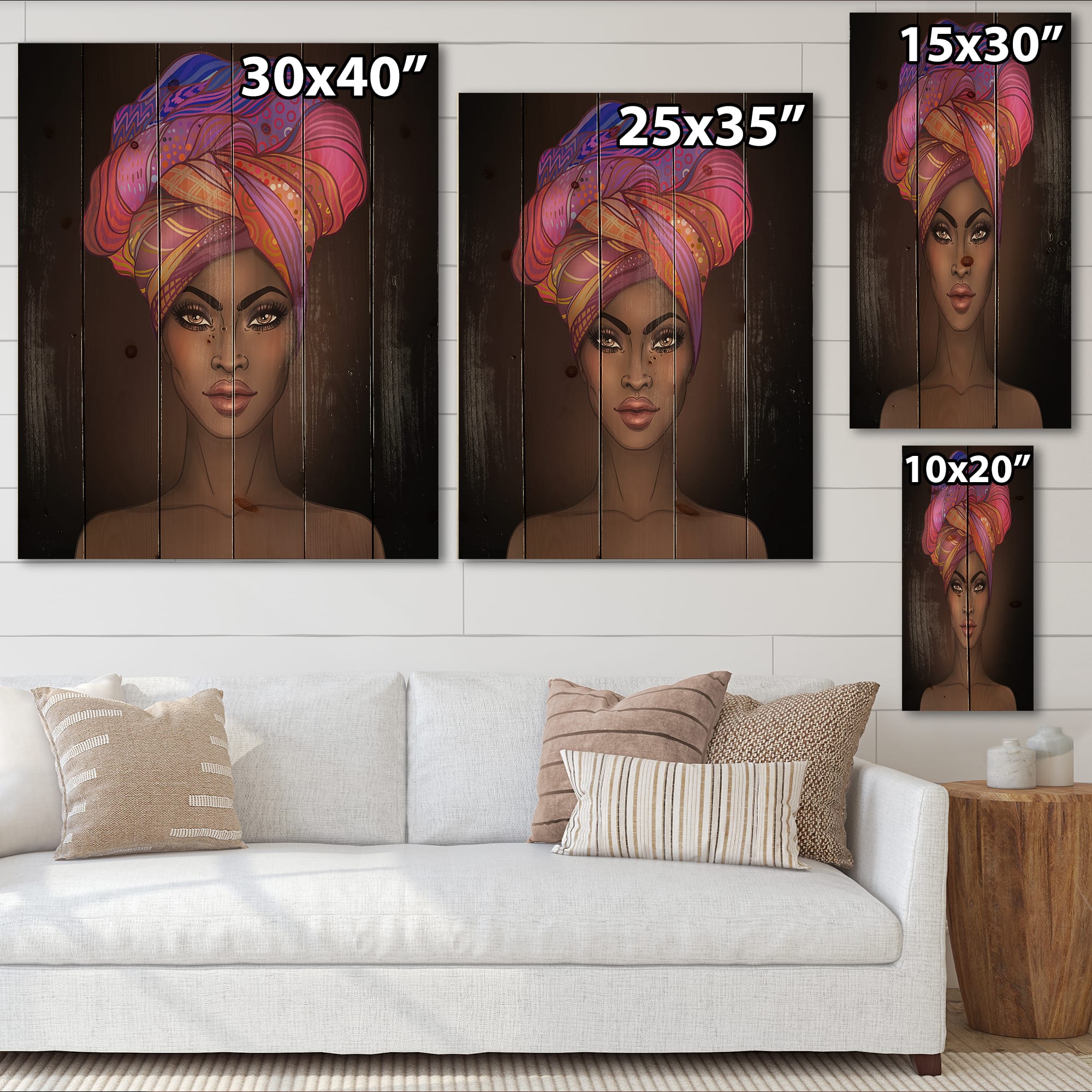 Designart - African American Woman with Turban VI - Modern Print on Natural Pine Wood