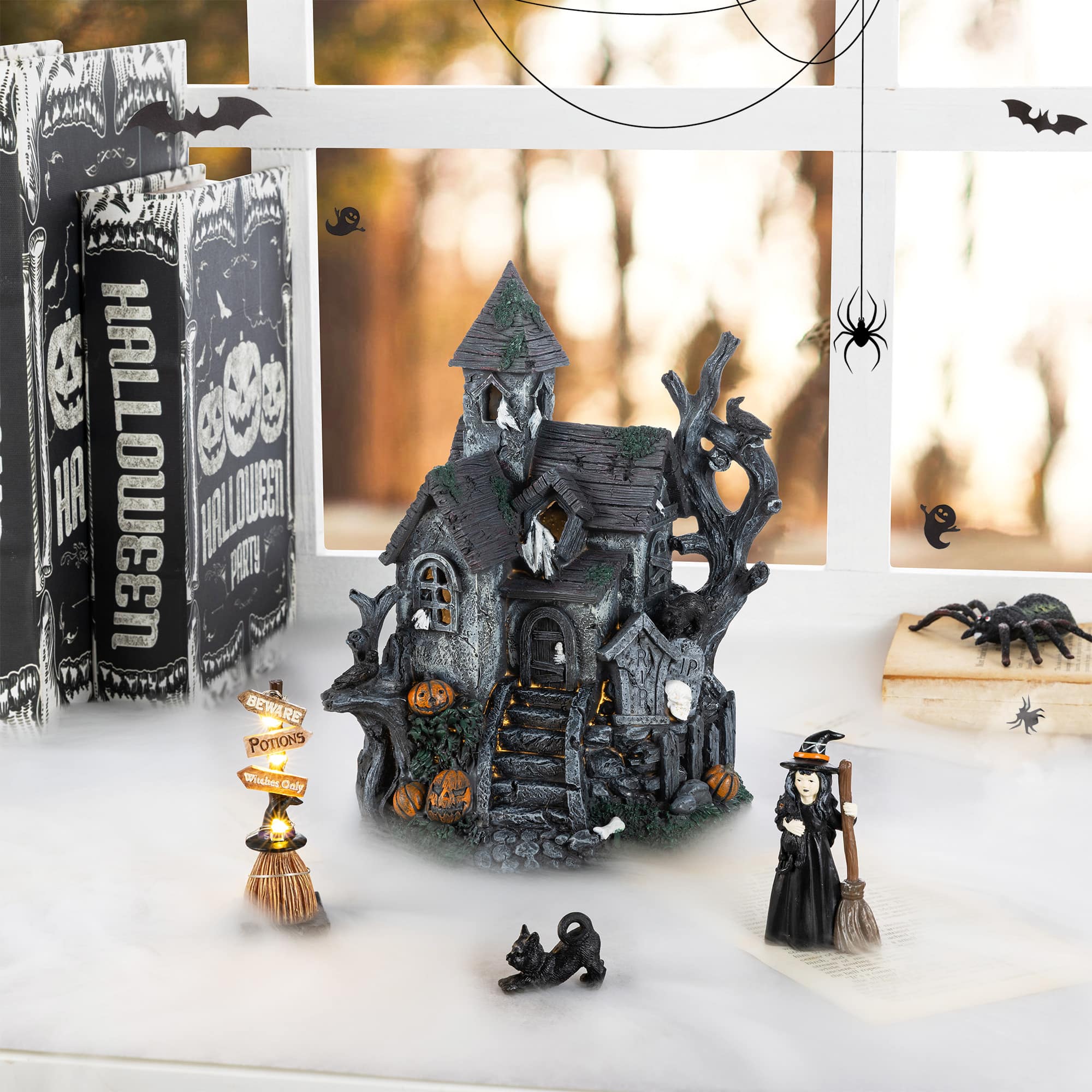 Glitzhome® Halloween Lighted Haunted House with Timer Set