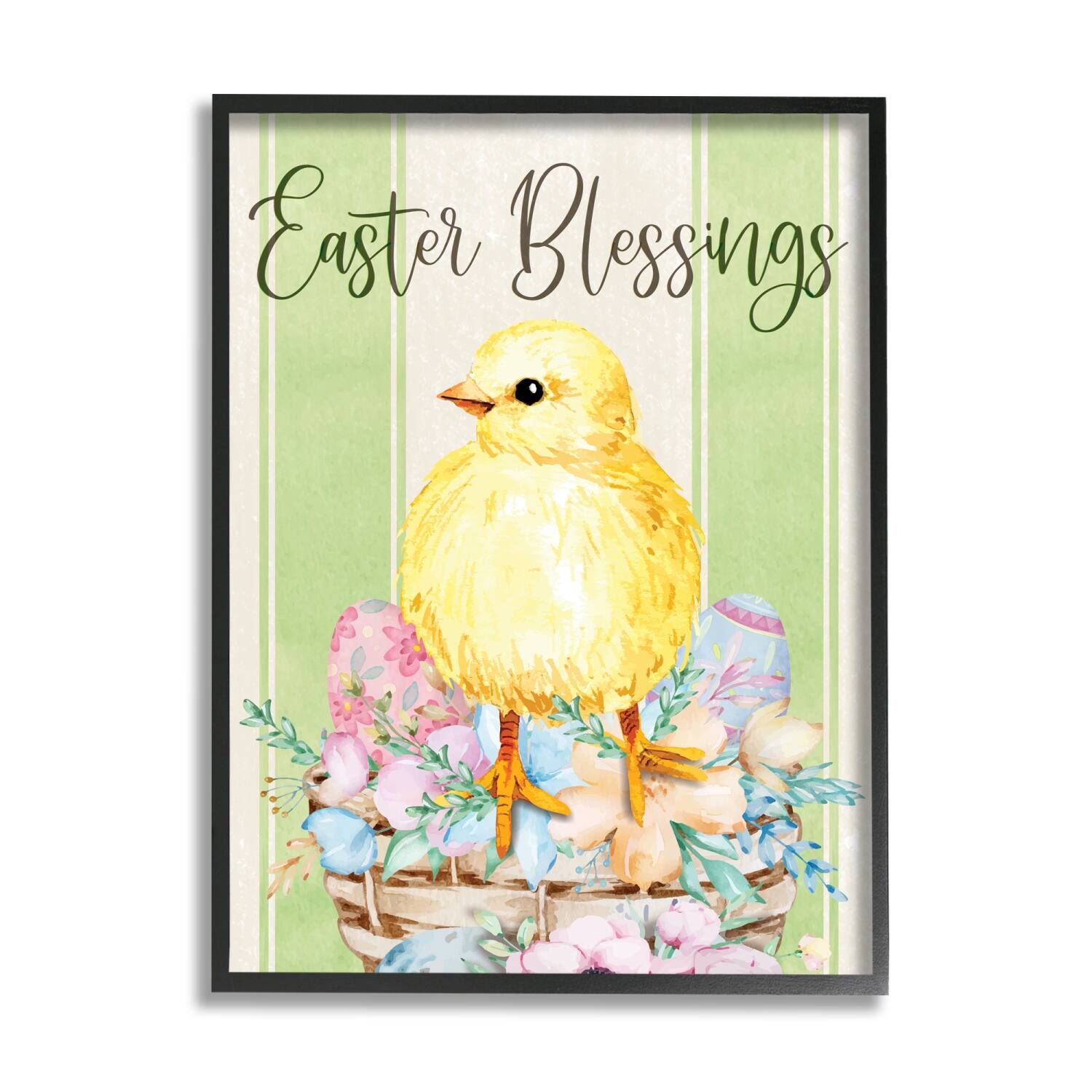 Stupell Industries Easter Blessings Text Striped Yellow Chick Egg Basket Framed Giclee Art