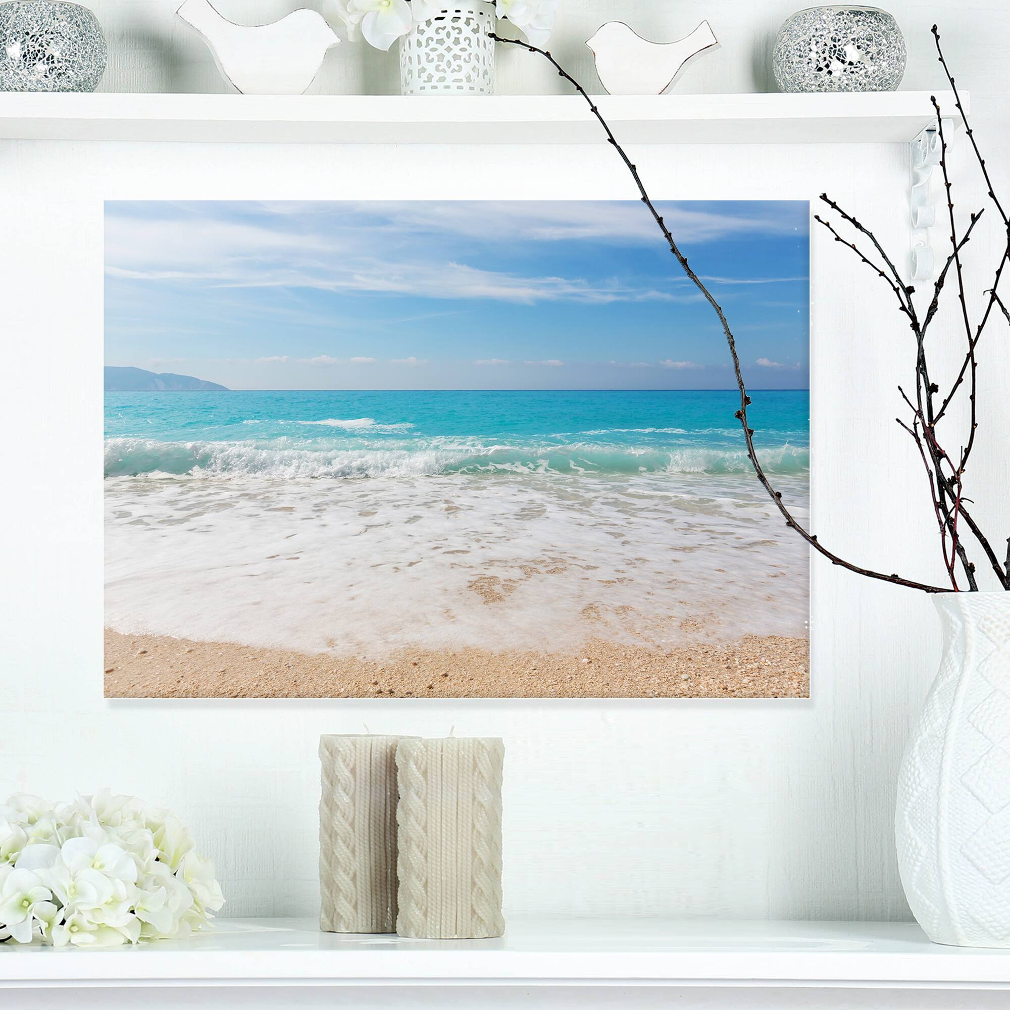 Designart - White Waves Kissing Beach Sand - Large Seashore Canvas Print