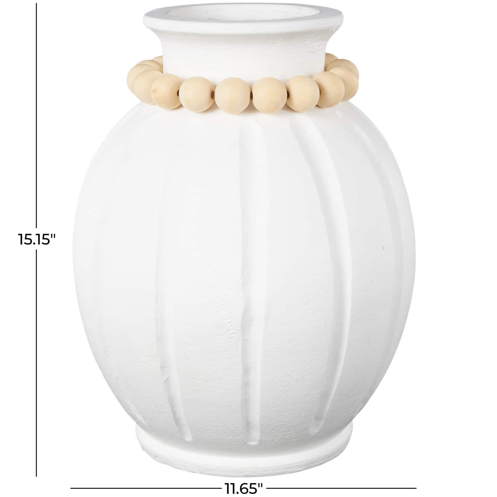 15.25" White with Light Brown Beads & Carved Grooves Decorative Vase