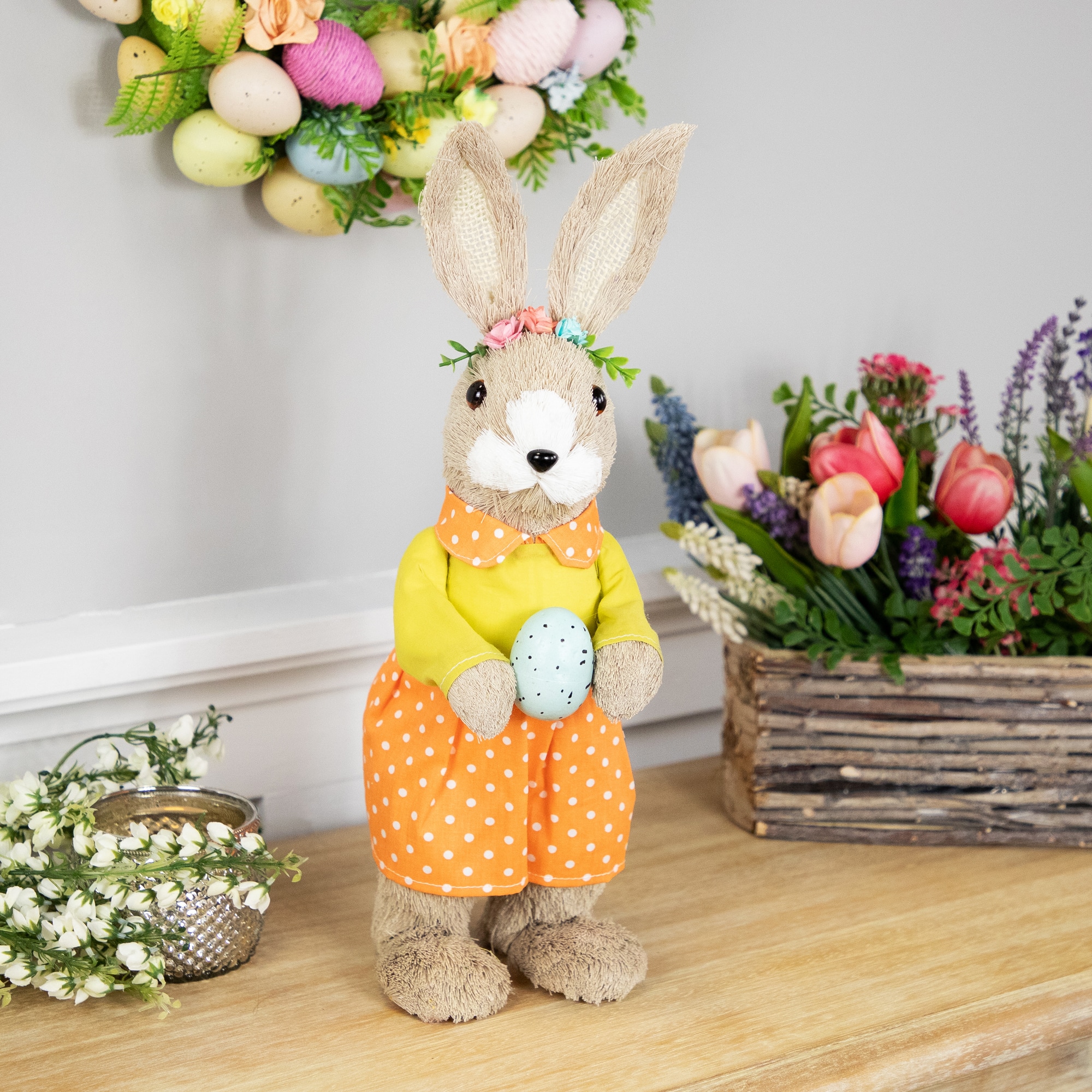 15" Orange & Green Standing Girl Rabbit with Easter Egg Figure