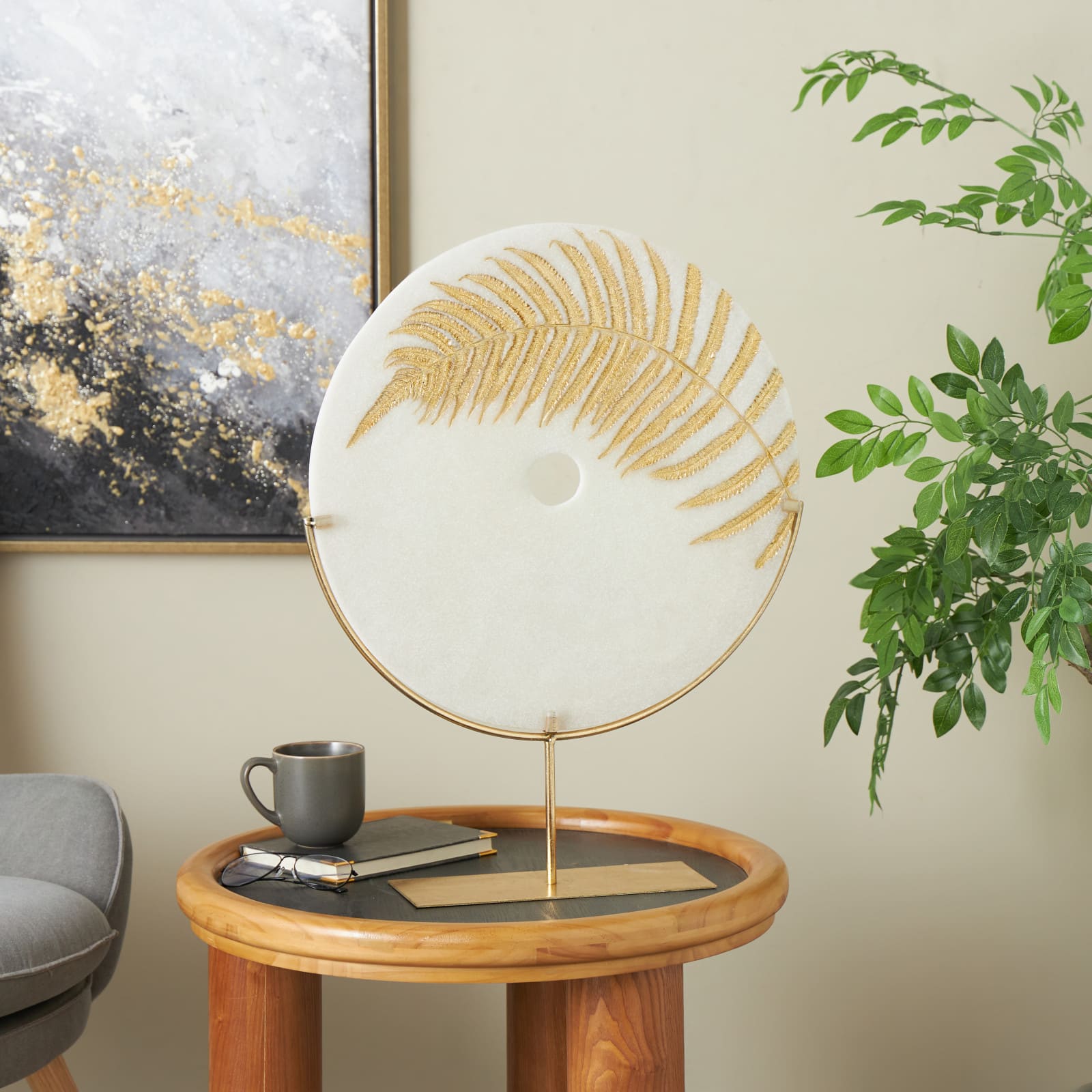 25" White with Gold Base Polystone Round Leaf Disk Decorative Sculpture