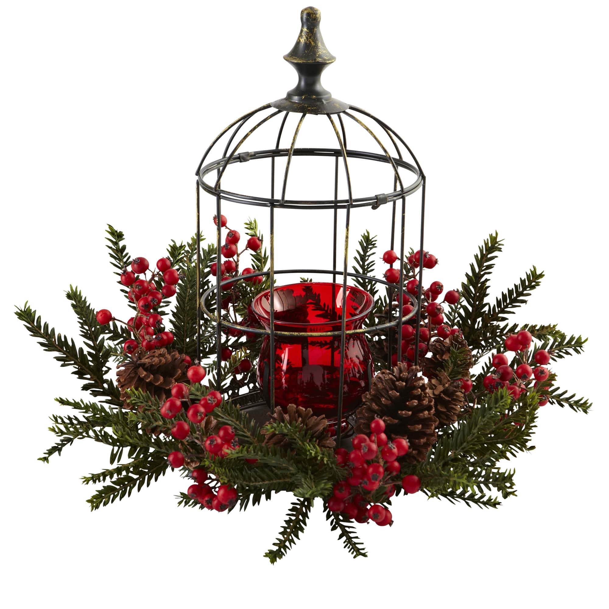 15" Pine & Berry Birdhouse Candelabrum