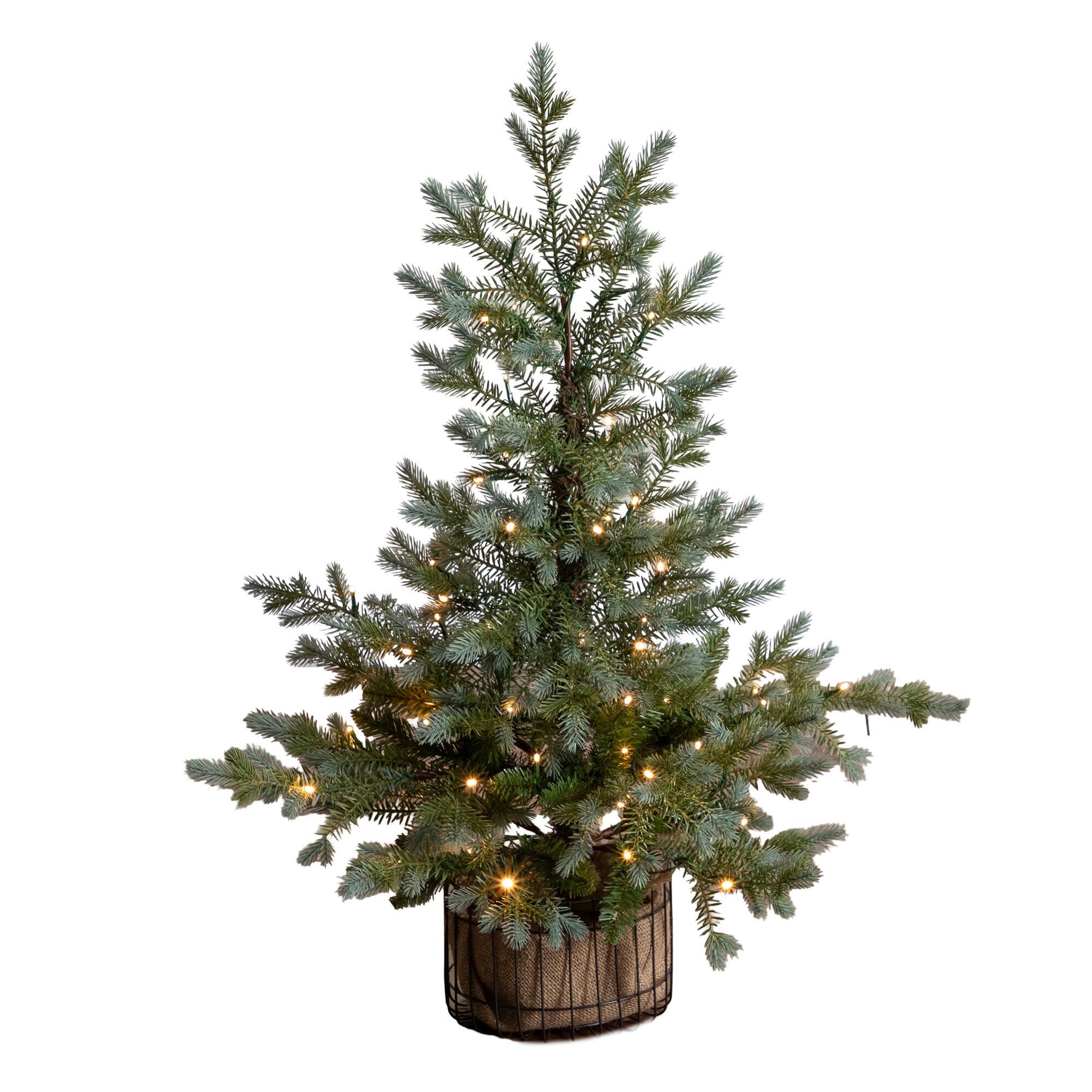 Nearly Natural 3ft. Pre-Lit Artificial Pine Christmas Tree in Jute Wire Planter, Warm White LED lights
