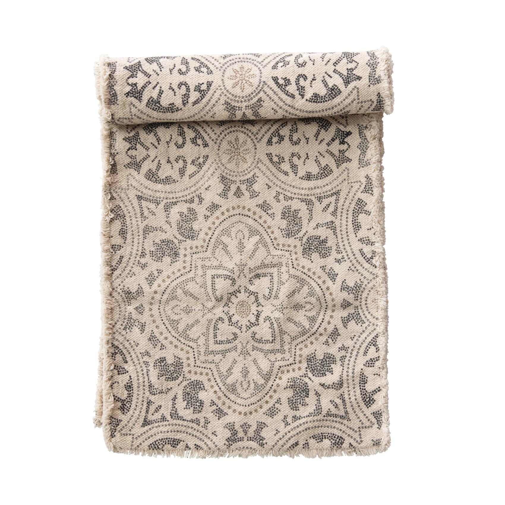 Hello Honey® 72" Gray & Cream Cotton Printed Table Runner with Frayed Edge