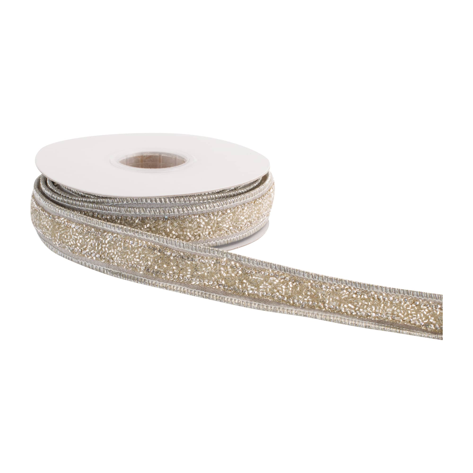 Melrose 1.5" x 5yd. Gold & Silver Beaded Glitter Wired Ribbon