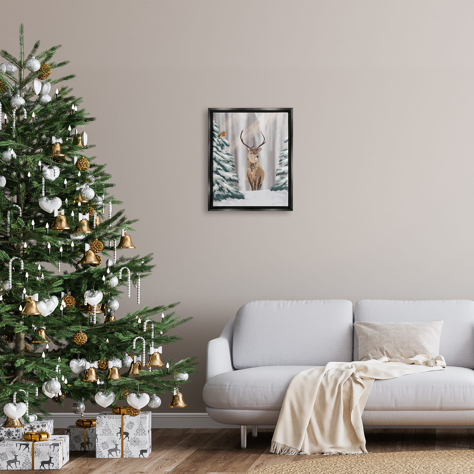 Stupell Industries Seasonal Deer Winter Landscape Framed Floater Canvas Wall Art