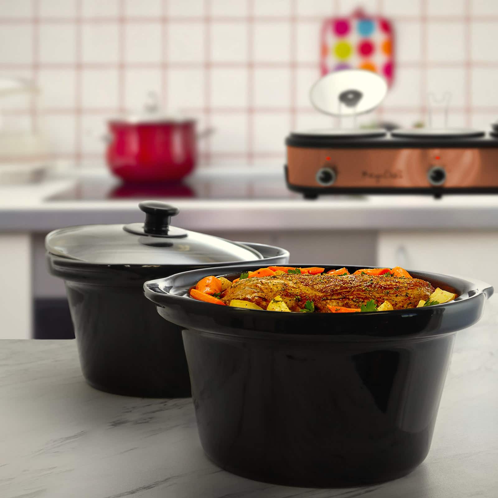 MegaChef Triple 2.5qt. Brushed Copper Slow Cooker and Buffet Server