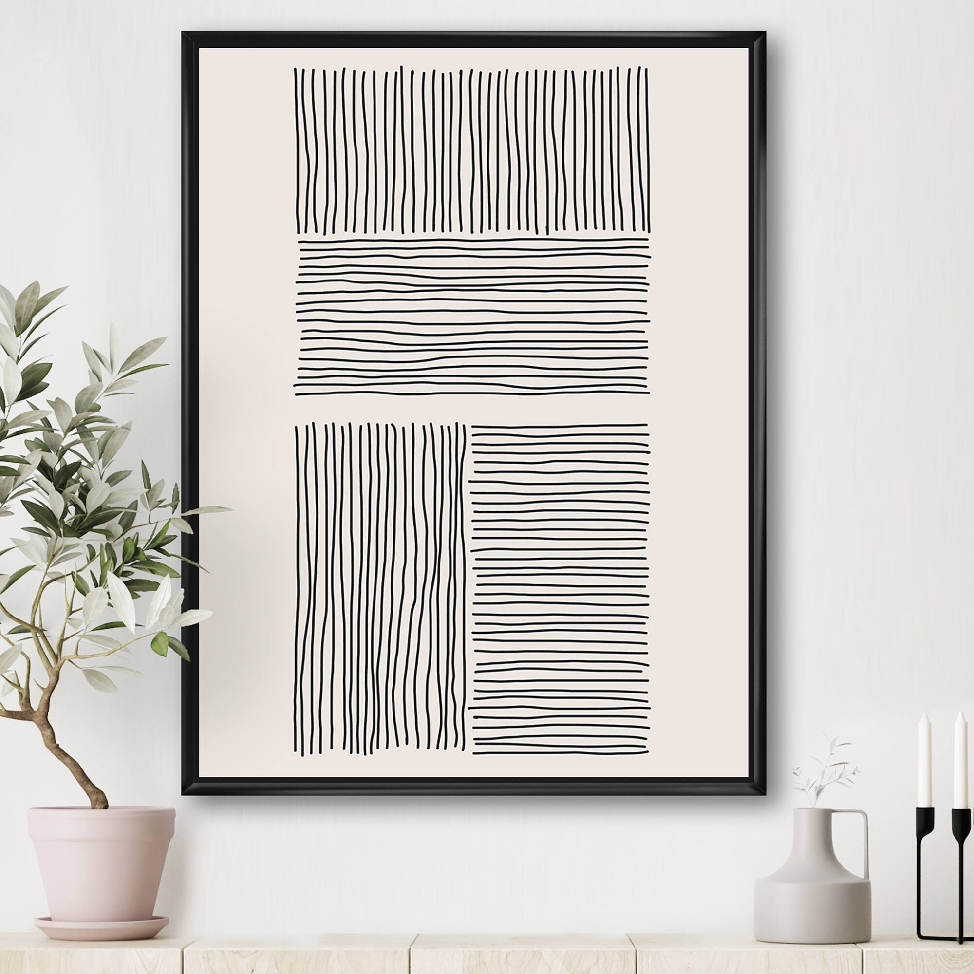 Designart - Minimal Geometric Lines And Squares IV - Modern Canvas Wall Art Print in Black Frame