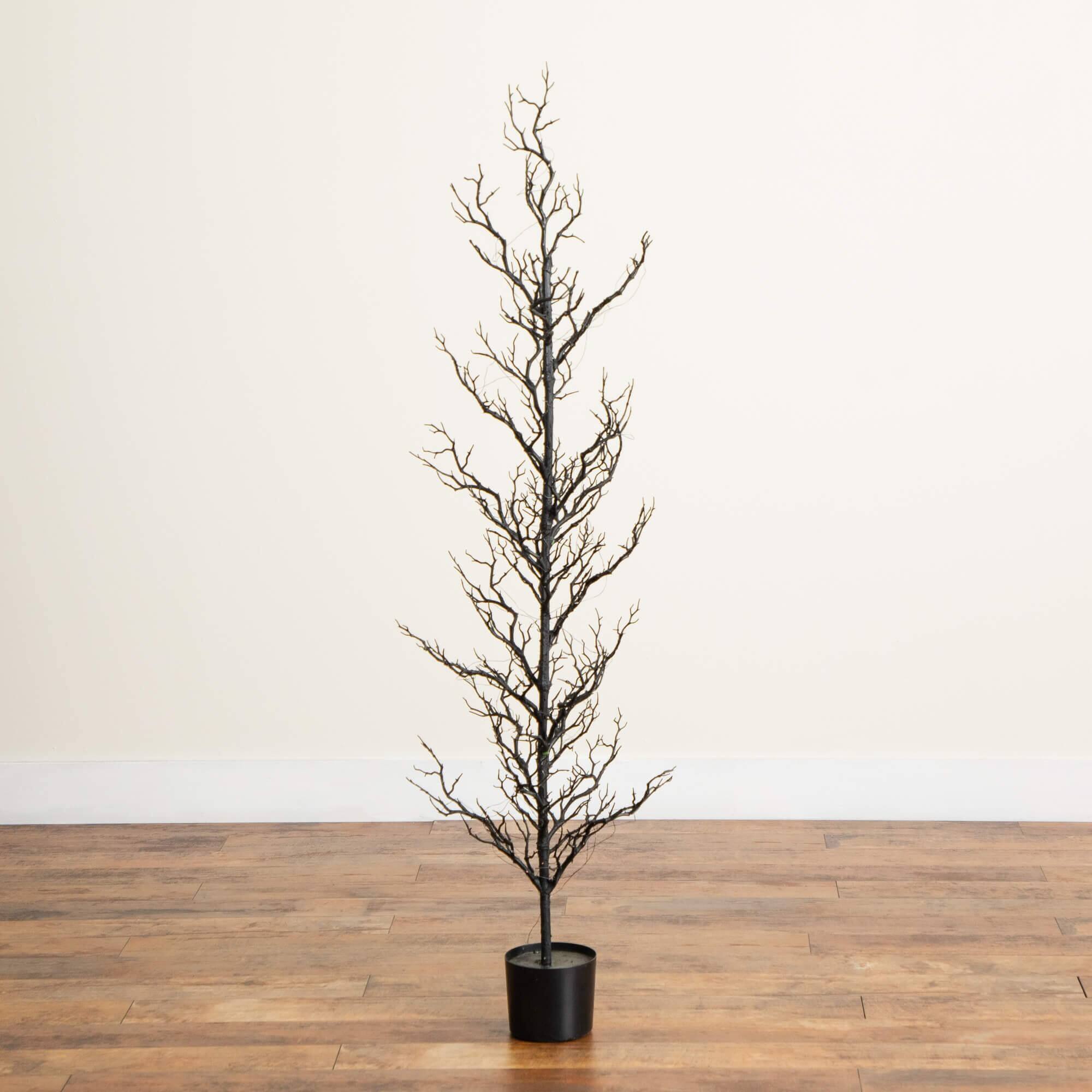 5ft. Pre-Lit Artificial Halloween Black Spooky Twig Tree with 200 Orange & Purple Copper Wire String LED Lights